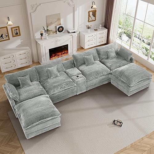 145" Cloud Couch Oversized U Shaped Light Grey Sectional Couches for Living Room, Big Soft Comfy Fluffy Corduroy Couch Sectionals, Modular Sectional Sofa with Ottoman & Central Console