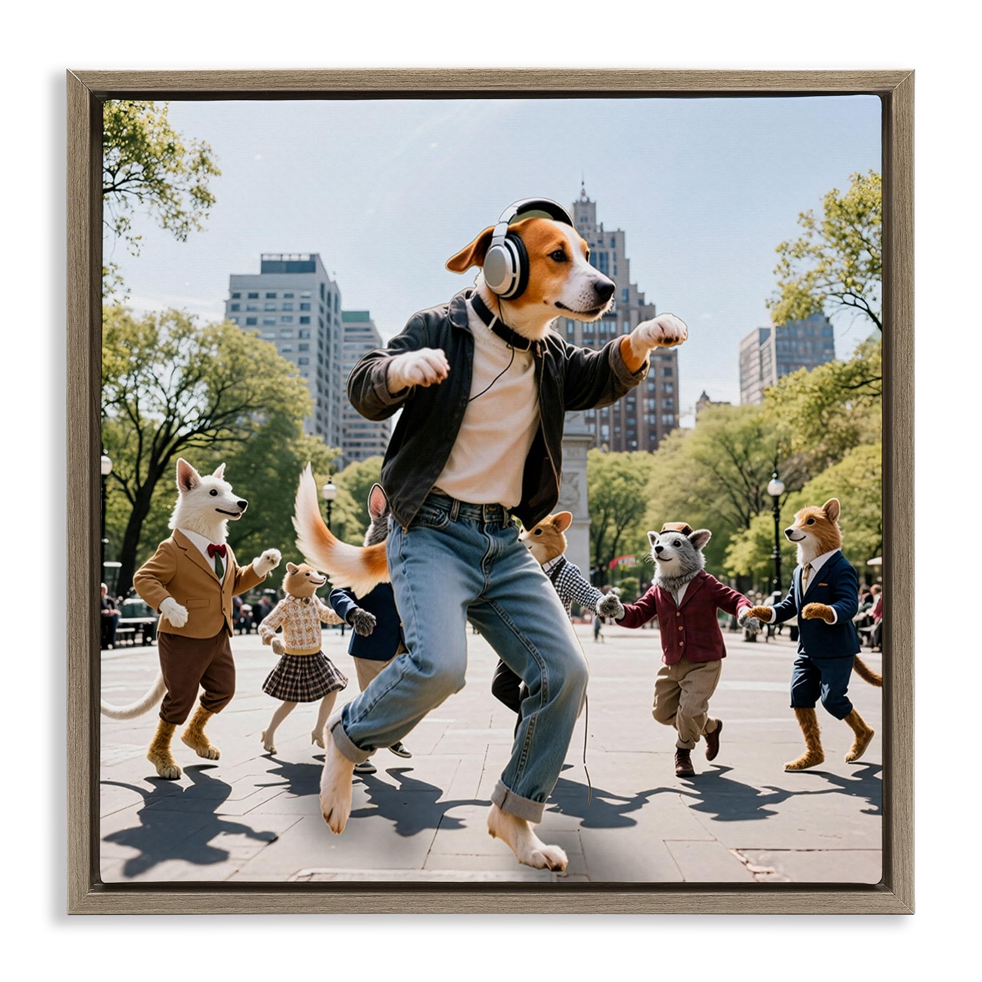 Stupell Industries Montalcino Elm (Textured) 'Stylish Dog Dancing In Park'| Floating Frame Canvas Art