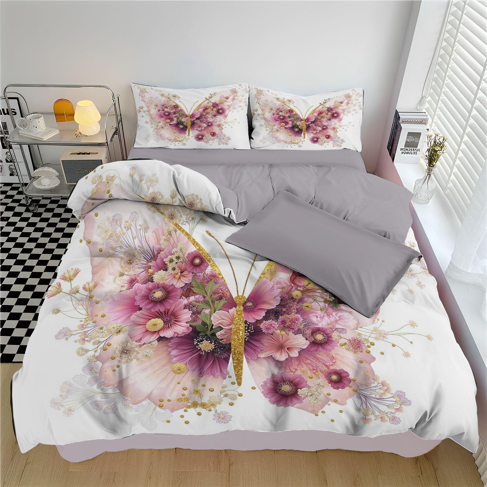 Parure de lit 2 personnes 220x240 cm avec 2 taies, housse de couette microfibre animaux dorés