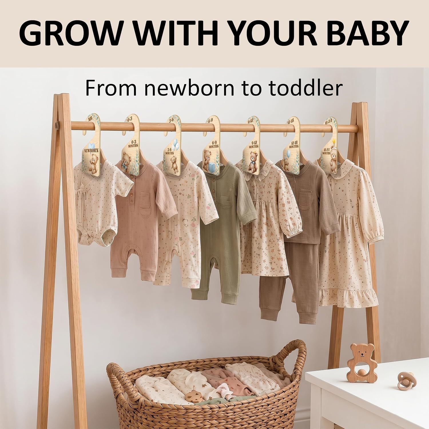 7 PCS Bear Closet Dividers for Baby Clothes, Wooden Rustic Nursery Wardrobe Organizer with Double-Sided Size Labels for Newborn to 24 Months, Woodland Baby Room Decor