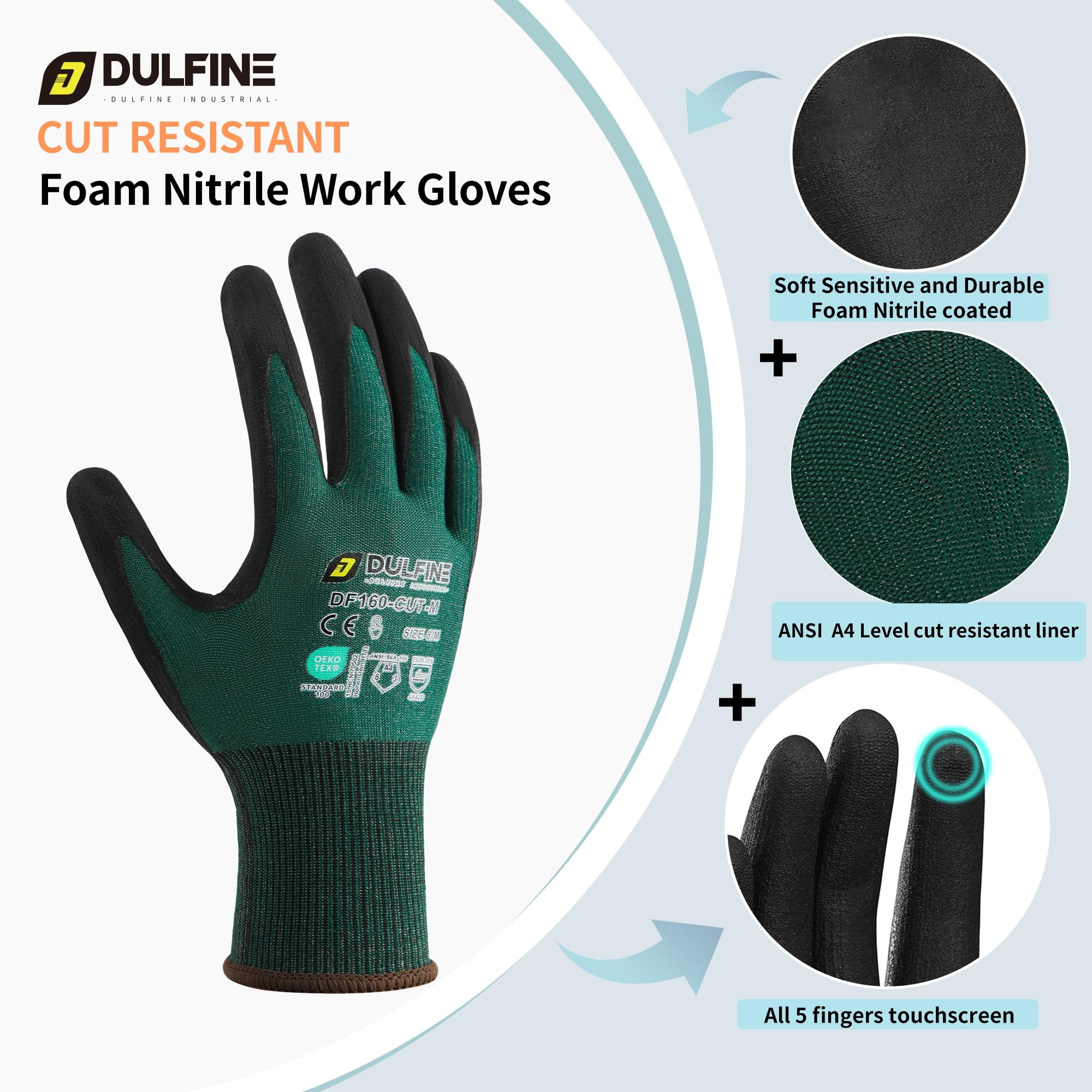 DULFINE ANSI A4 - Guantes de trabajo resistentes a los cortes para hombre (6 pares de guantes de trabajo resistentes a los cortes de nitrilo para pantalla táctil, antideslizantes y duraderos para la
