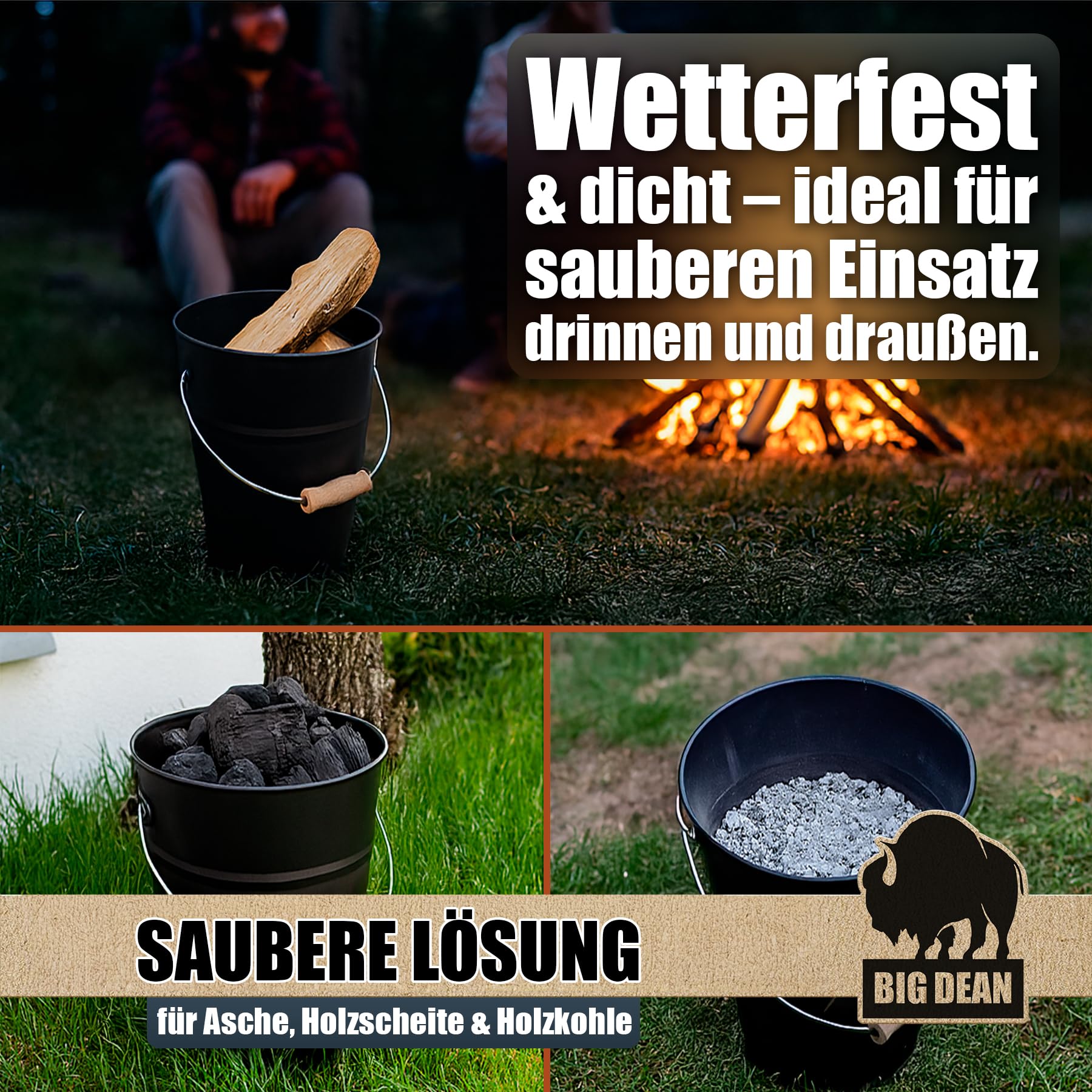 BigDean Ascheeimer mit Deckel 15 Liter mit Griff Ascheimer Oval