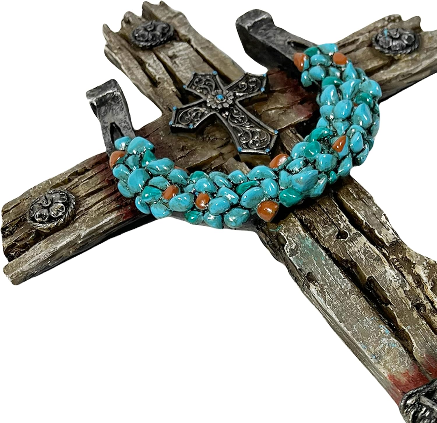 Urbalabs Western 12 Inch Wall Cross Horseshoe Cross Teal Stone Distressed Rustic Cowboy Religious Wall Hanging Cross Country Wall Decor Room Decoration Office Church Home