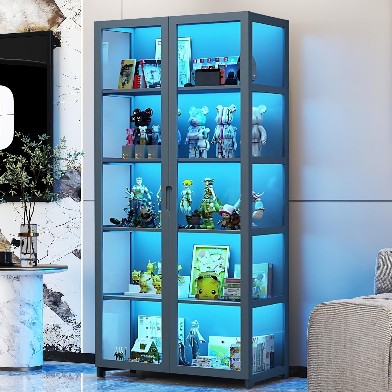 Vitrina con Puertas de Vidrio acrílico, Organizador de Juguetes coleccionables de 5 Niveles y Estante de exhibición, estantería para el hogar, Sala de Juegos, Sala de Estar (Gris-2)