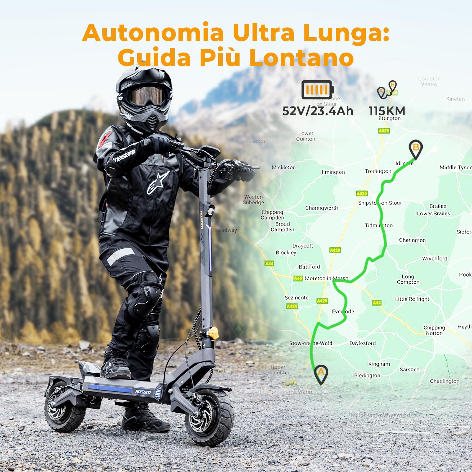 Monopattino Elettrico Ausom DT2 Pro, Batteria 23.4Ah 52V, Resistenza fino a 100-115 km, Pneumatici Da 10x3.0 Pollici, Monopattino Elettrico Adulto Pieghevole
