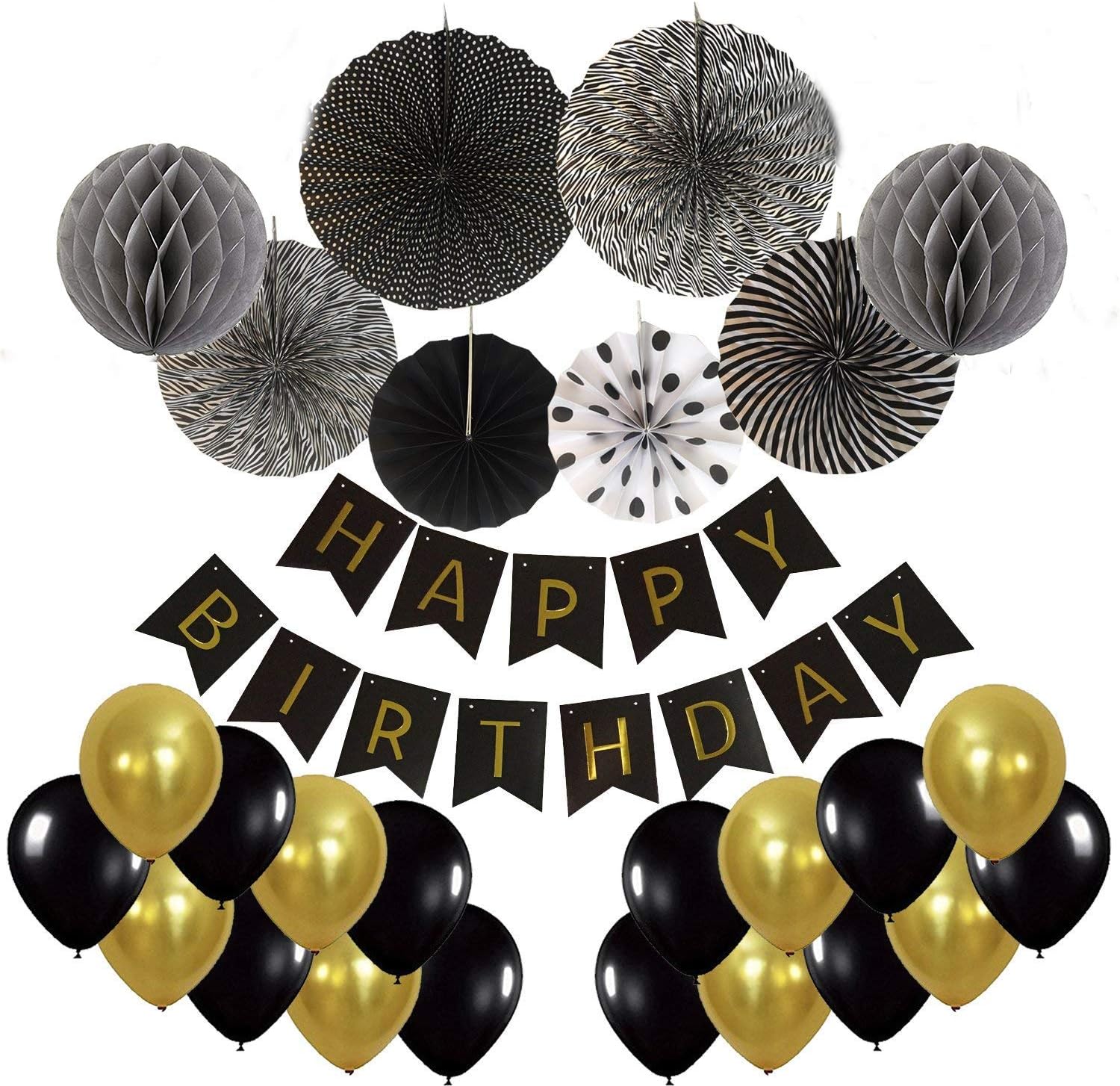 Diossad Black Gold Birthday Party Background Decoration Set Honeycomb Paper Lantern Balloon Rain Curtain Tassel Paper Flower Ball