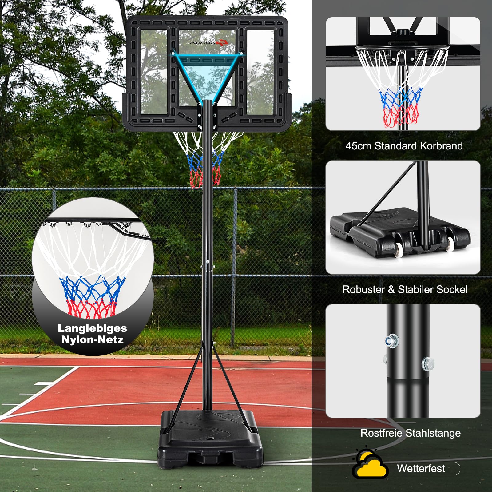 GOPLUS Basketballständer, Basketballanlage höhenverstellbar 130-305cm, Korbanlage Standfuß mit Wasser oder Sand, Basketballkorb mit Ständer für Jugendliche, Erwachsene