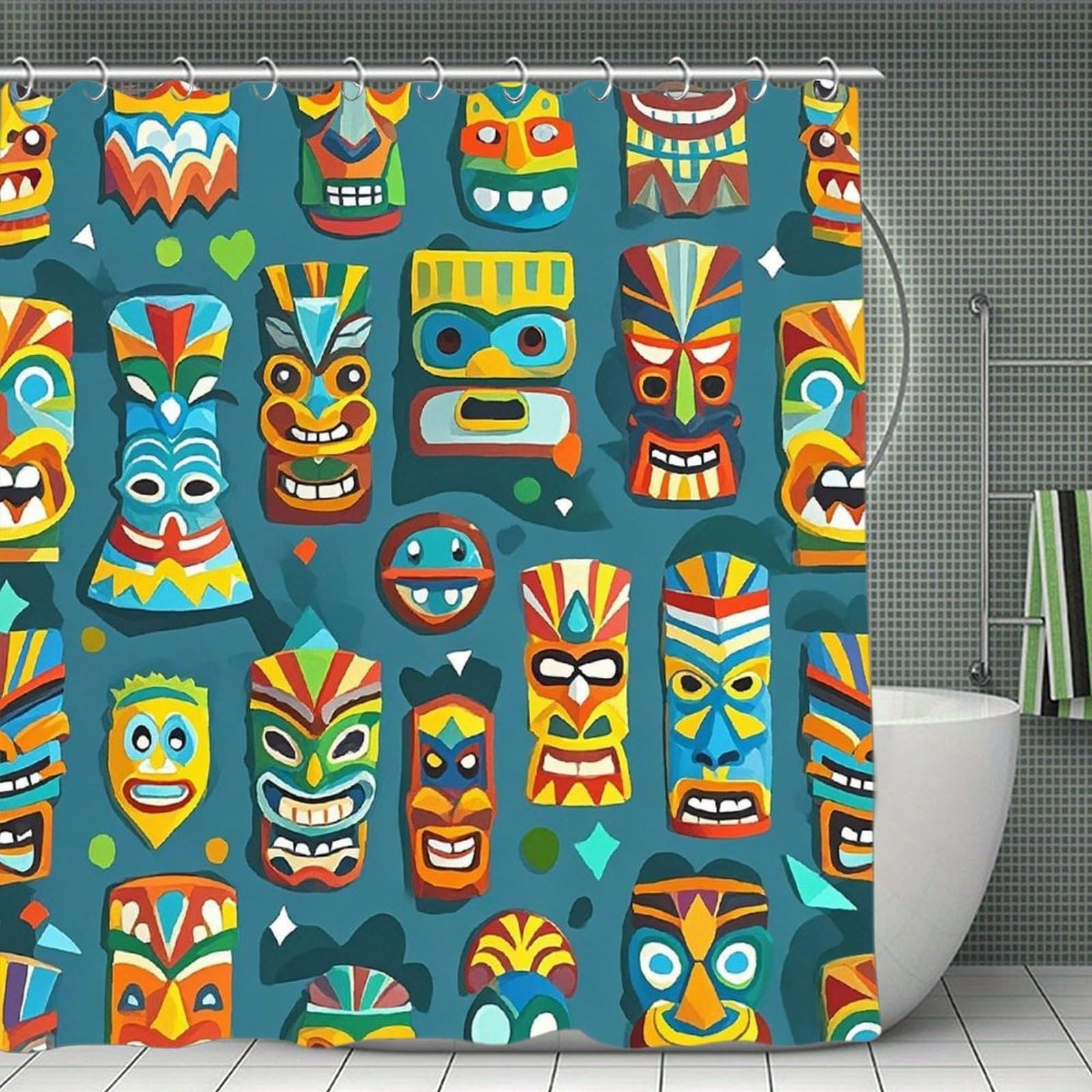 FekiLoot Colorful Tiki Mask Pattern Shower Curtain Minimalist Thick Bathroom Curtain Washable Modern Bathroom Shower Curtain Heavy Duty Waterproof Cloth Bath Curtain with Hooks 70.8"x70.8"