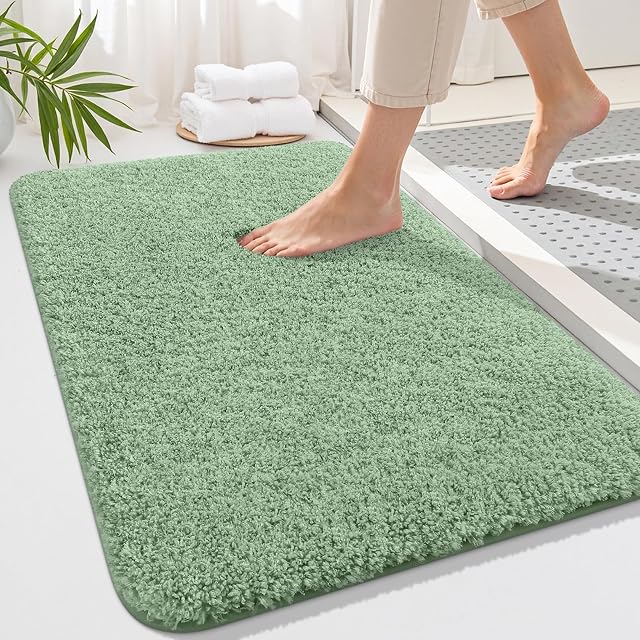 OLANLY Soft Microfiber Small Bath Mat, Super Absorbent Plush Shaggy Bathroom Mat, Machine Washable Dry Bathroom Rug, Non-Slip Bath Mats for Bathroom Floor, Tub and Shower, 16x24, Sage Green