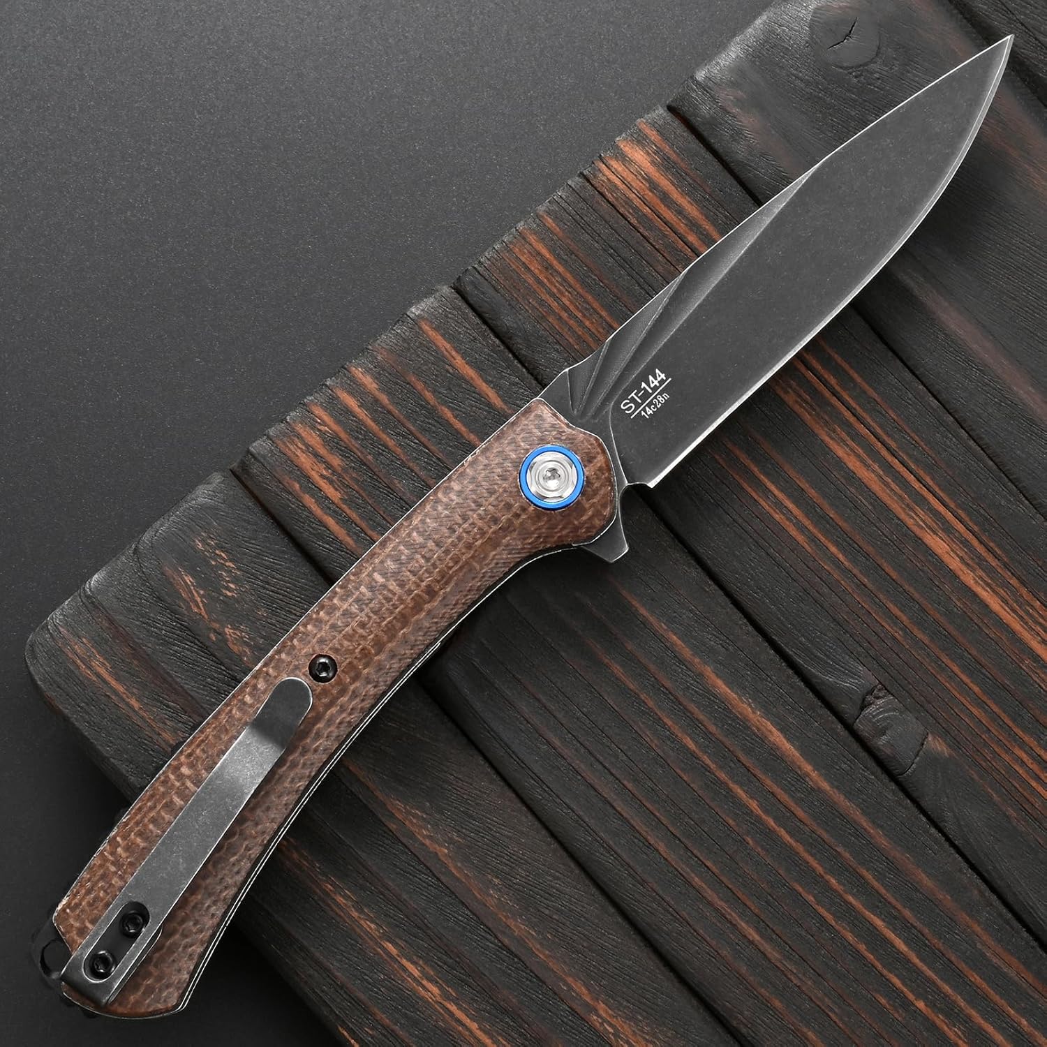 Sitivien ST144 Folding Knife,Black Stonewashed 14C28N Steel Blade,Micarta Handle Pocket Knife for Outdoor EDC Camping,Survival,Hiking,Fishing(Brown)