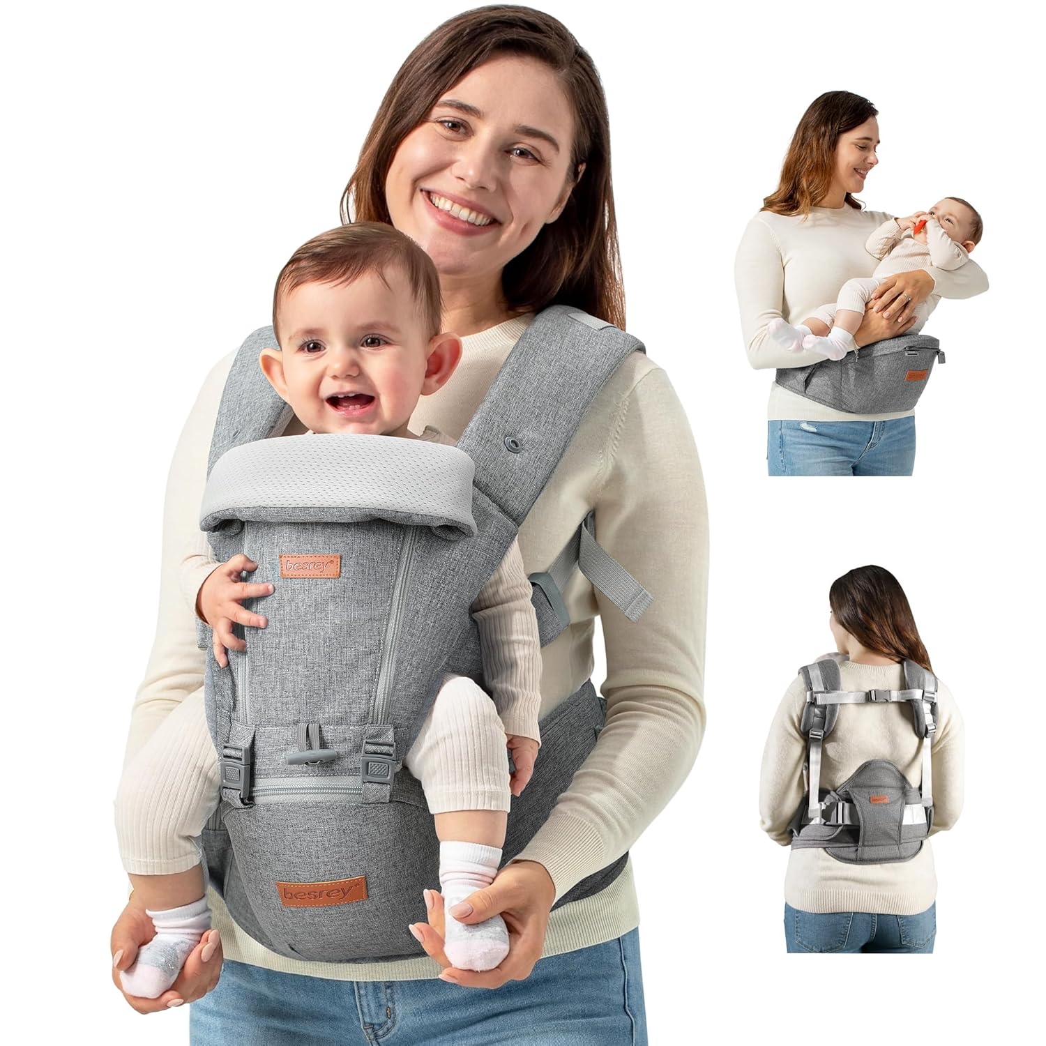 besrey Breathable Baby Carrier Newborn to Toddler,Adjustable Detachable Toddler Carrier with Hip Seat,Front Facing Baby Wraps Carrier,Safety Approved, Structured Support, Convenient Pockets