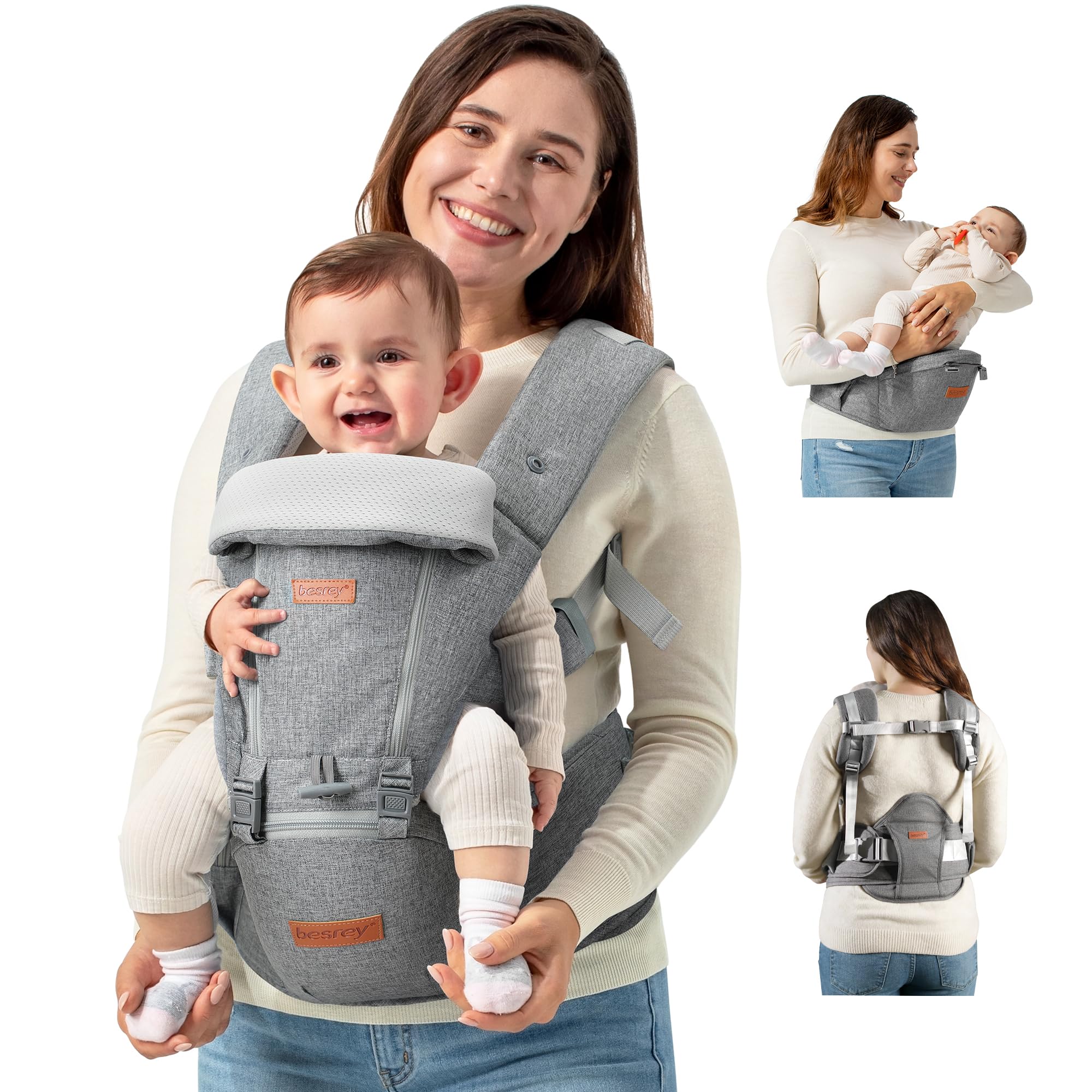 besrey Babytrage, Ergonomische Baby Trage mit Hüftsitz, Baby Carrier mit Lendenstütze, 6 Tragepositionen, Verstellbarer Tragegurt für Babys und Kleinkinder von 4–36 Monaten, Inkl. Sabberlatz
