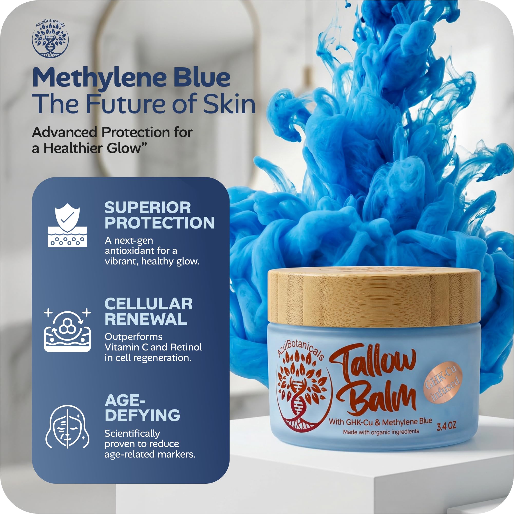 GHK-Cu Copper Peptide & Methylene Blue Infused Whipped Grass Fed Beef  Tallow Balm, Anti-Aging, Fine lines, Wrinkles, Eczema, Acne, Full body  moisturizer, All skin types, With Organic Ingredients 3.4oz: Buy Online at