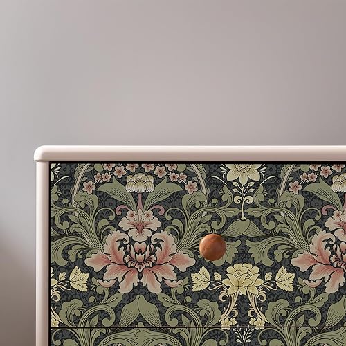 Miniatura 4 de Abyssaly William Morris - Papel tapiz floral para paredes y gabinetes, papel tapiz floral extraíble, color verde y rosa, 17.7 x 394 pulgadas