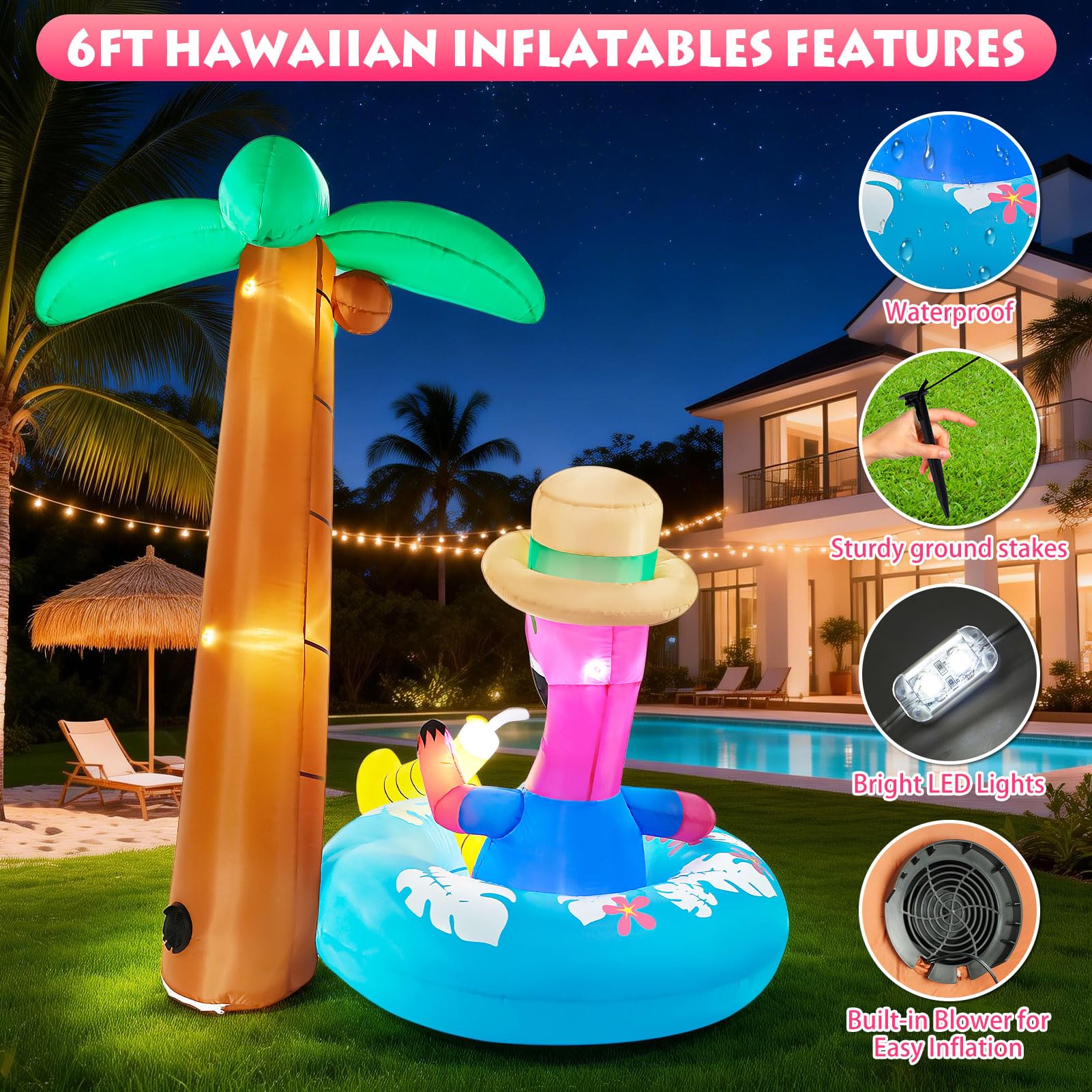 Flamant rose gonflable avec palmier de 1,8 m - Décoration d'été gonflable avec lumières LED pour fête tropicale Luau, plage, piscine, cour, jardin, pelouse
