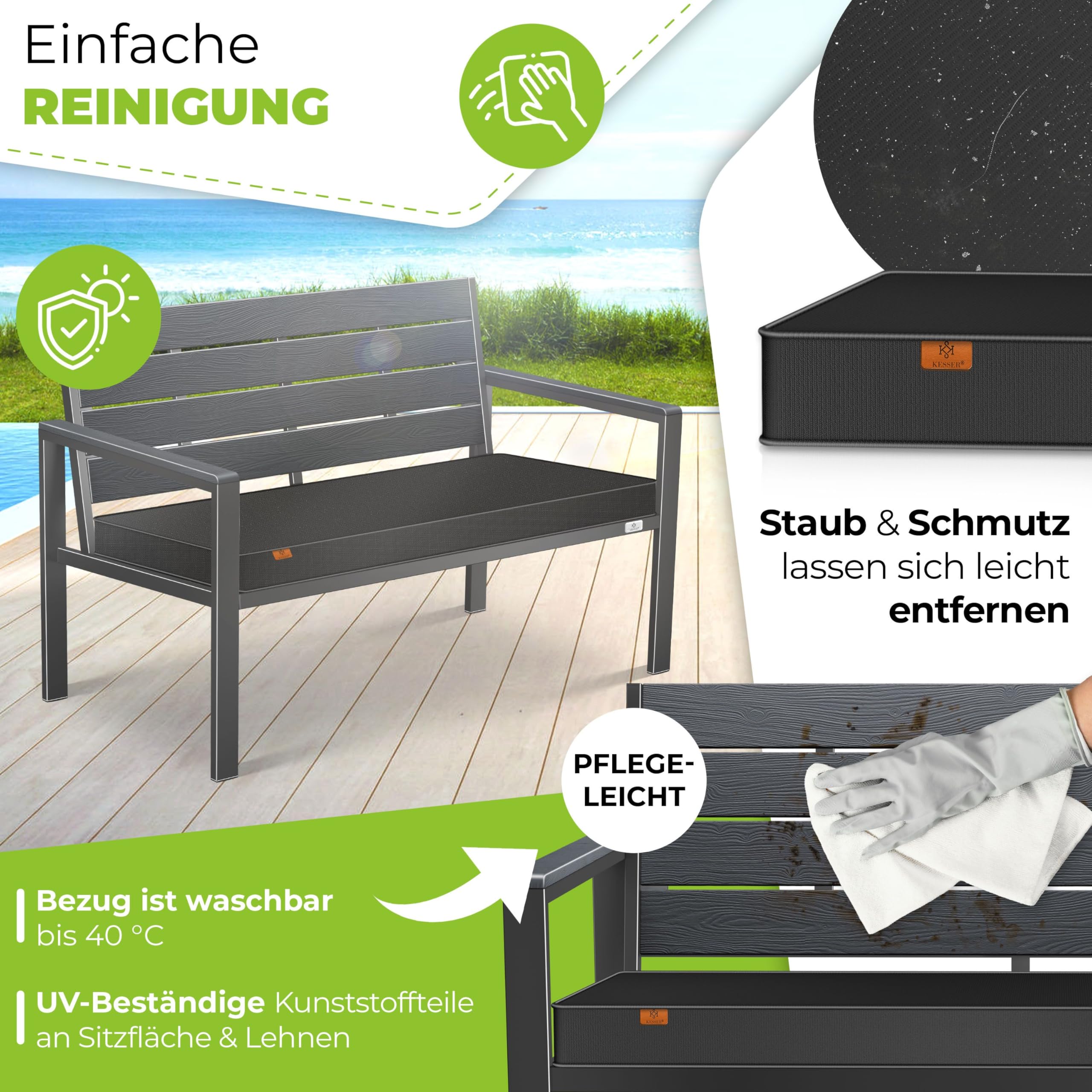 KESSER® Gartenbank mit Kissen – Sitzbank Wetterfest 2-Sitzer Parkbank in Holzoptik Balkonbank für Garten Terrasse Balkon bis 300 kg belastbar UV-beständig inkl. abnehmbarem & waschbarem Polsterbezug