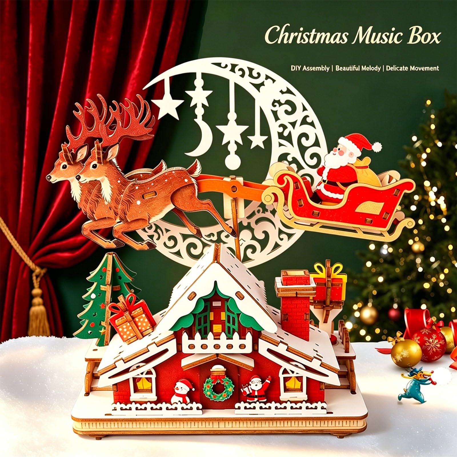 Caja de música de madera brillante con iluminación LED, adorno mecánico para fiestas, decoración del hogar, caja de música de madera