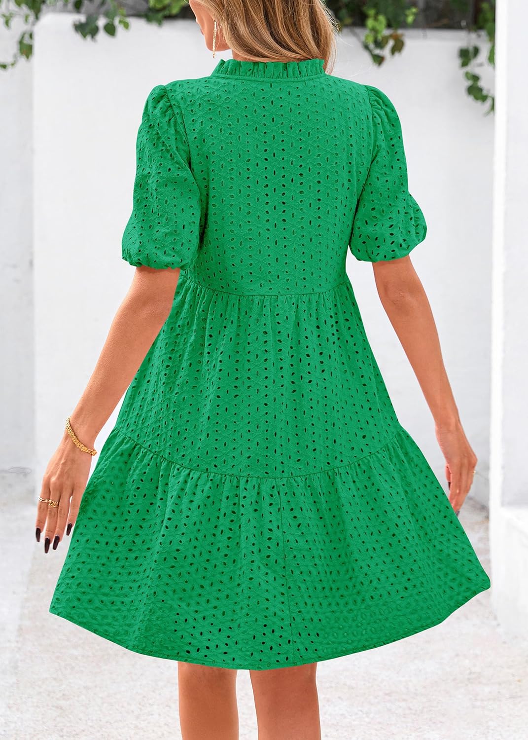 KIRUNDO Eyelet Summer Dresses for Women 2026 Mini Casual Hollow Out Short Sleeve Lace Tiered V Neck Shift Dress Pockets - Image 2