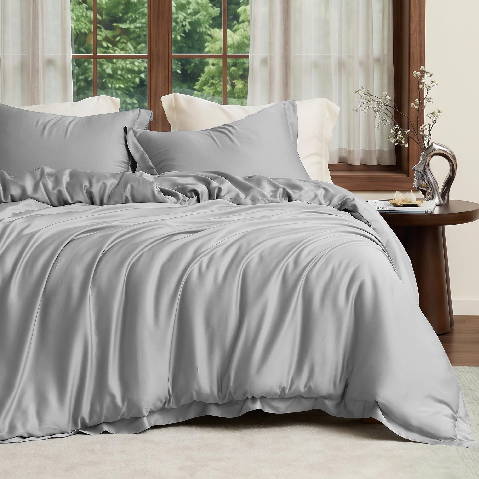 Photo 1 of Amélie Home Queen Size 100% Tencel Lyocell Duvet Cover Set, Ultra Soft Breathable Cooling Summer Bedding for Hot Sleepers, 1 Duvet Cover and 2 Pillow Shams, 90"x90", Grey, Comforter Not Included