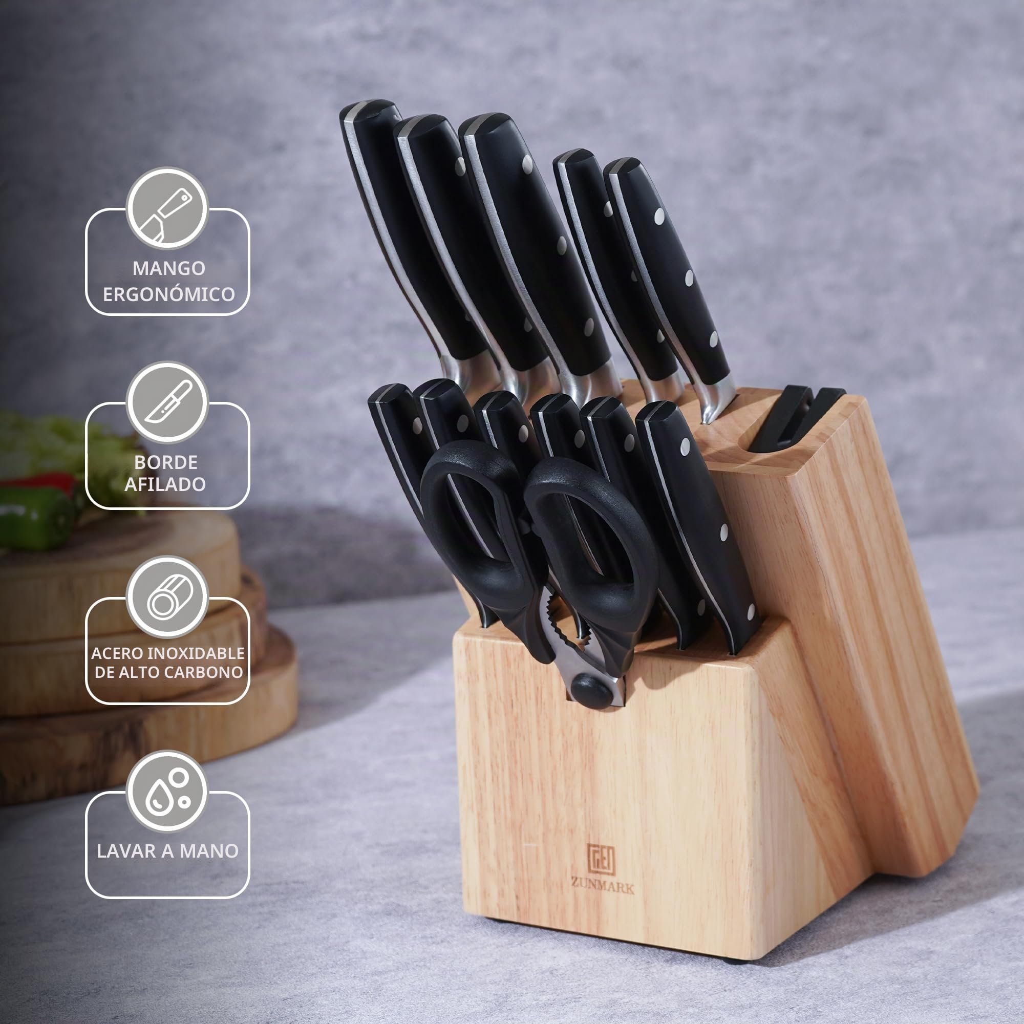 Juego de cuchillos de cocina profesional ZUNMARK – 13 piezas con bloque y afilador, juego de cuchillos chef ultraafilados, ideal para particulares y profesionales, diseño negro elegante
