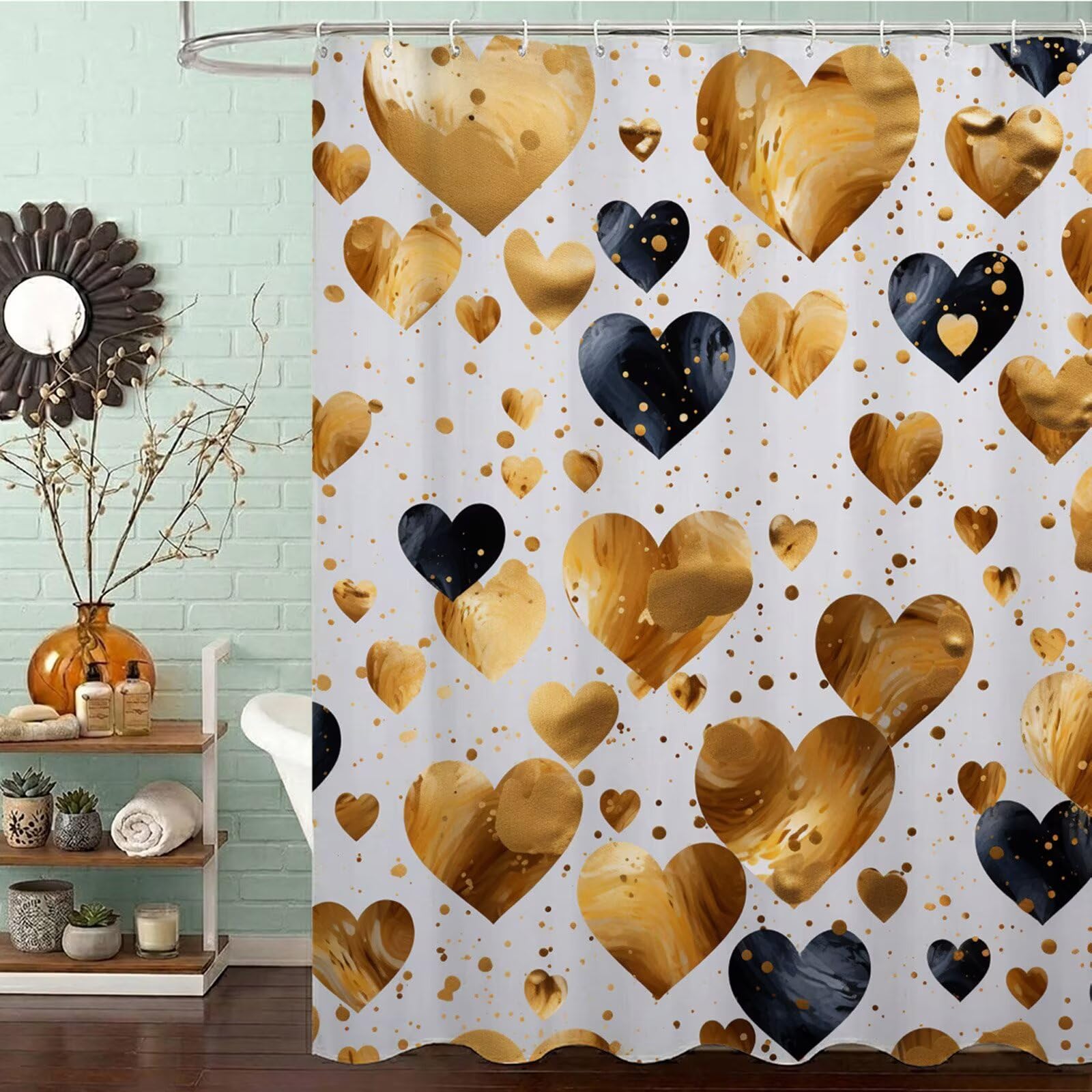 Wasserdichter Duschvorhang Anti-Schimmel 200x240 cm, Waschbar Schnelltrocknend Textil Stoff Polyester Duschvorhang Gold Shower Curtain mit Gewicht und 12 Ringe für Badewanne, Badezimmer, Liebe J8-389