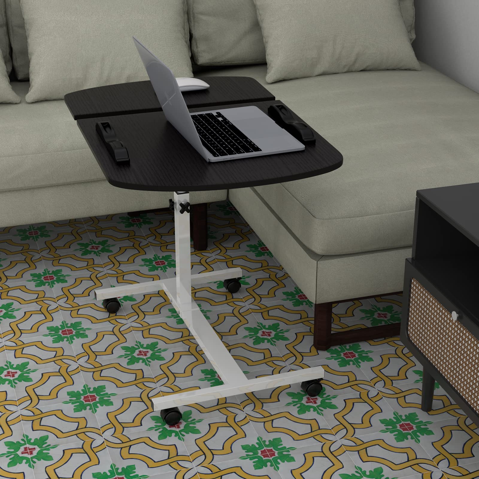 Tavolo da computer, legno, altezza regolabile 61-96 cm, con ruote, tavolino per camera da letto, divano