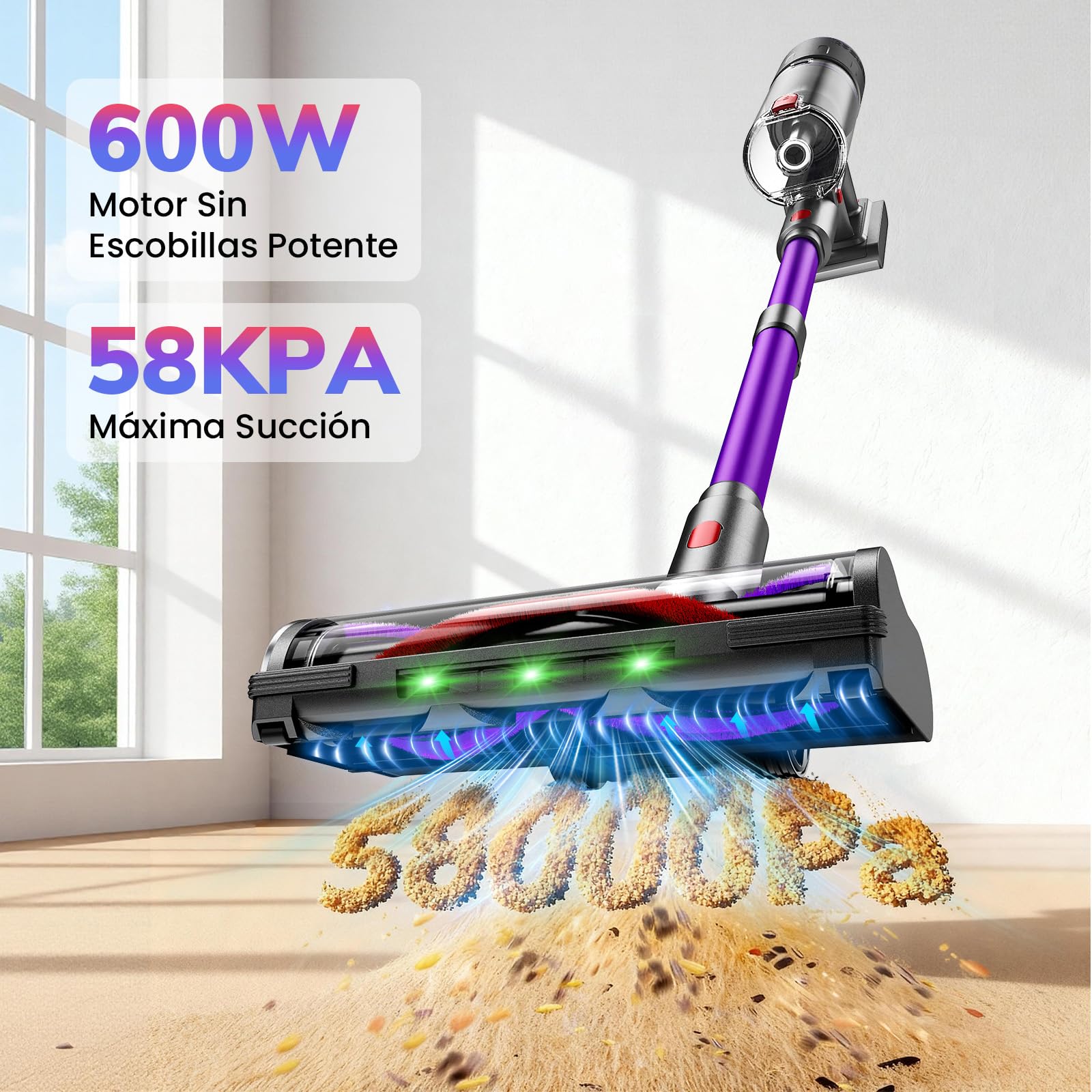 Aspiradora Sin Cable 58000Pa/600W/75Min, Escoba Aspiradora sin Cable de 1.6L, Pantalla Táctil LED Inteligente, Aspirador Inalámbrico Antienredo, Ideal para Suelos, Alfombras y Pelo de Mascotas