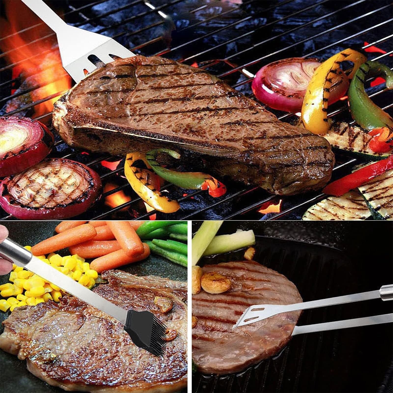 Set di Utensili per Barbecue, Accessori per Barbecue in Acciaio Inox con termometro per Carne e iniettore, Kit Completo per grigliate per buongustai, cuochi e a