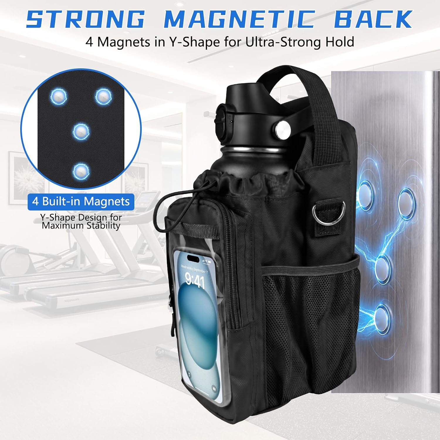 JACZZO Magnetic Gym Bag, Includes 40oz Bottles (Black)