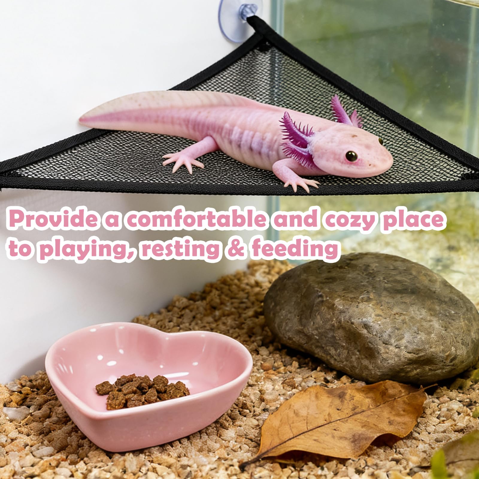 Axolotl Hamac pour aquarium avec gamelle, accessoires de réservoir Axolotl – Hamac en maille respirante pour reptiles avec plateau d'alimentation pour dragons barbu, geckos, lézards, serpents
