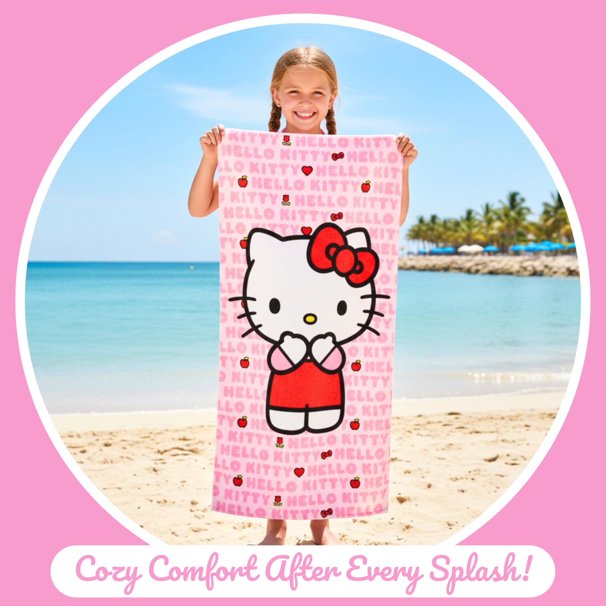 Hello Kitty Gorra de Beisbol Toalla y Mochila Saco Cordón, Set 3 Piezas Infantil, Regalo de Verano Playa Piscina Excursiones para Niñas