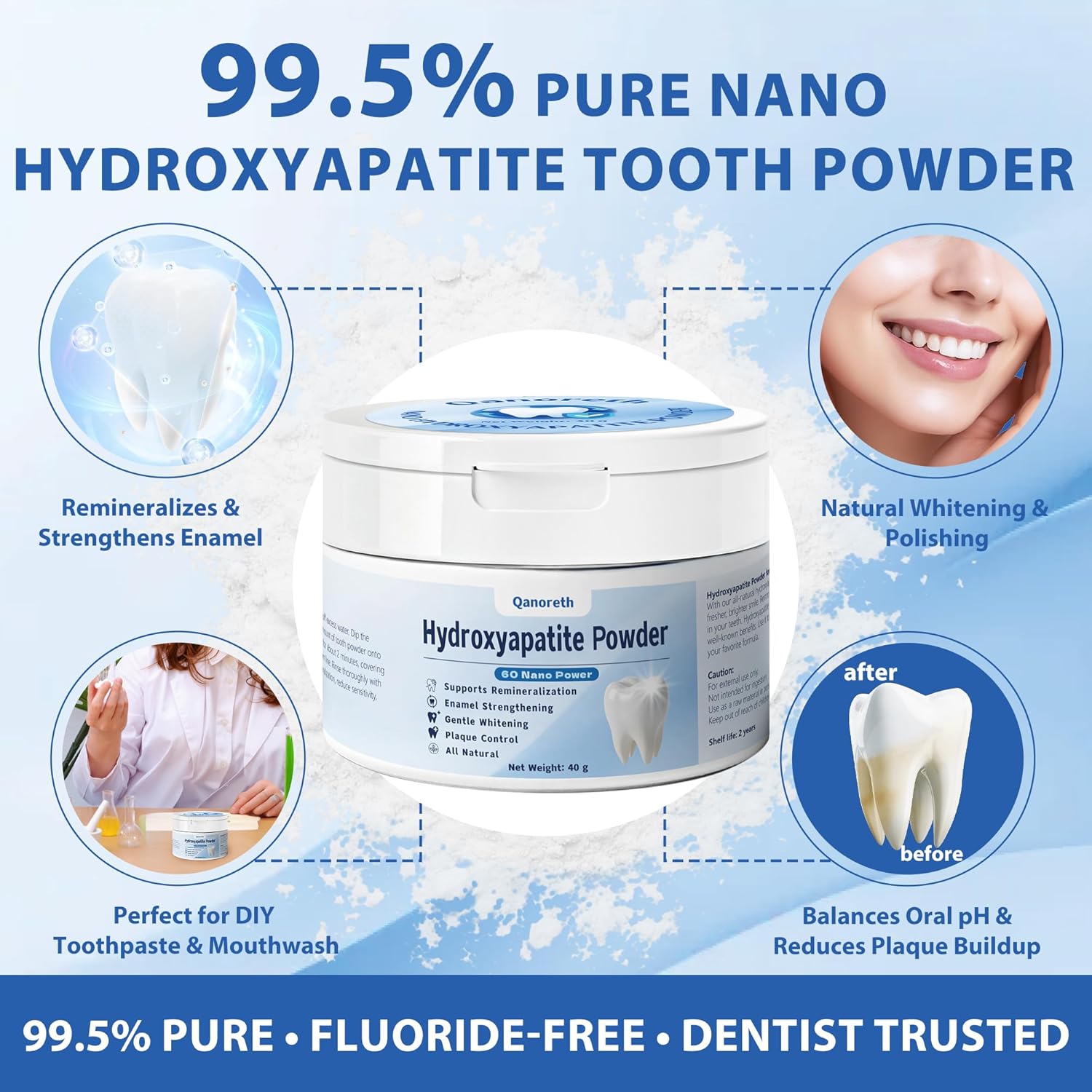 99.5% Pure Nano Hydroxyapatite Powder for DIY Toothpaste & Mouthwash–Hydroxyapatite Powder for Deep Enamel Remineralization, Sensitivity Relief & Natural Teeth Whitening–High-Purity, Fluoride-Free,40g - Image 2