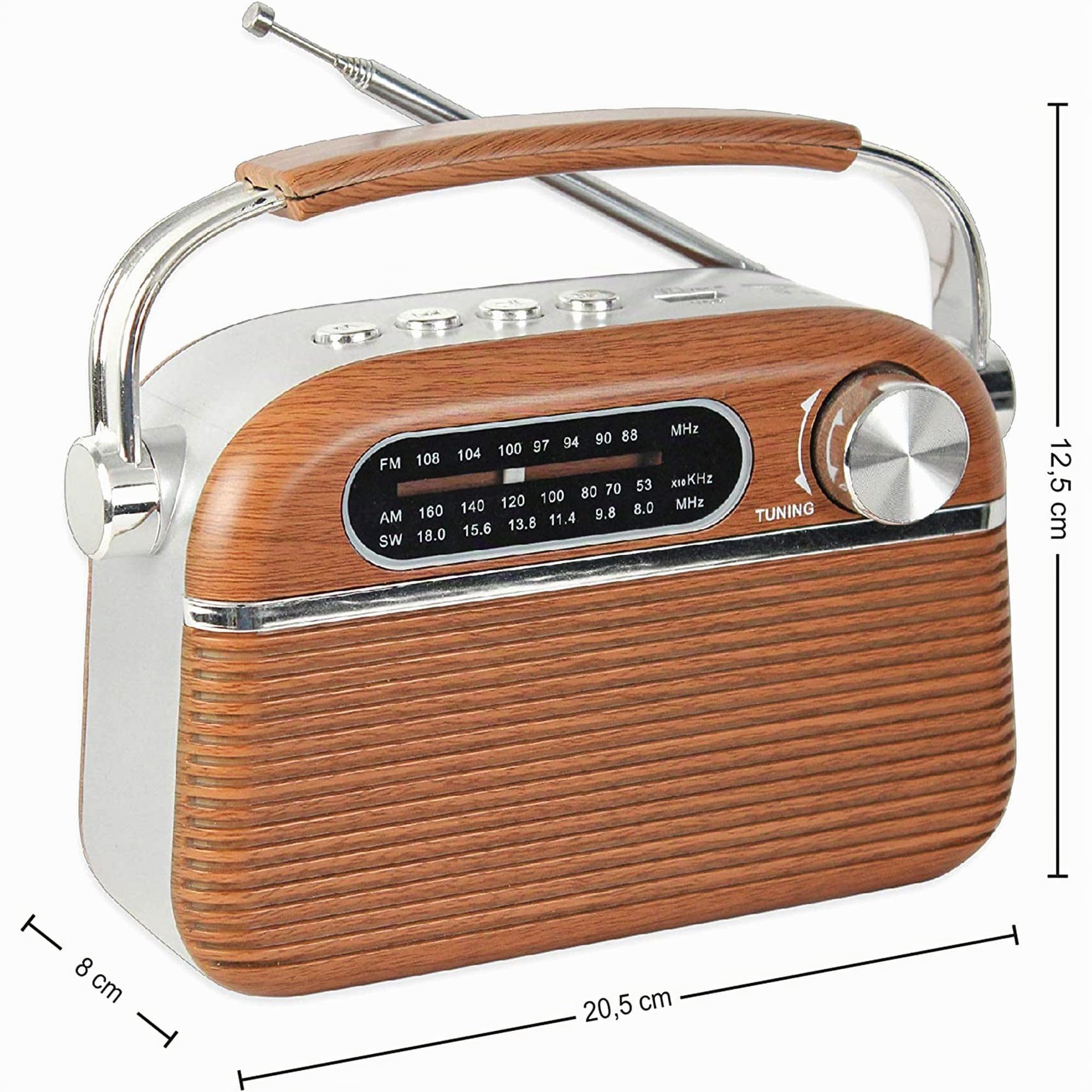 FISHTEC Radio Vintage Années 60 FM AM SW Lecteur MP3 USB Micro SD Design Bois INOX Antenne Rétractable Secteur Piles LR20 20.5x12.5x8 cm Compacte Portable
