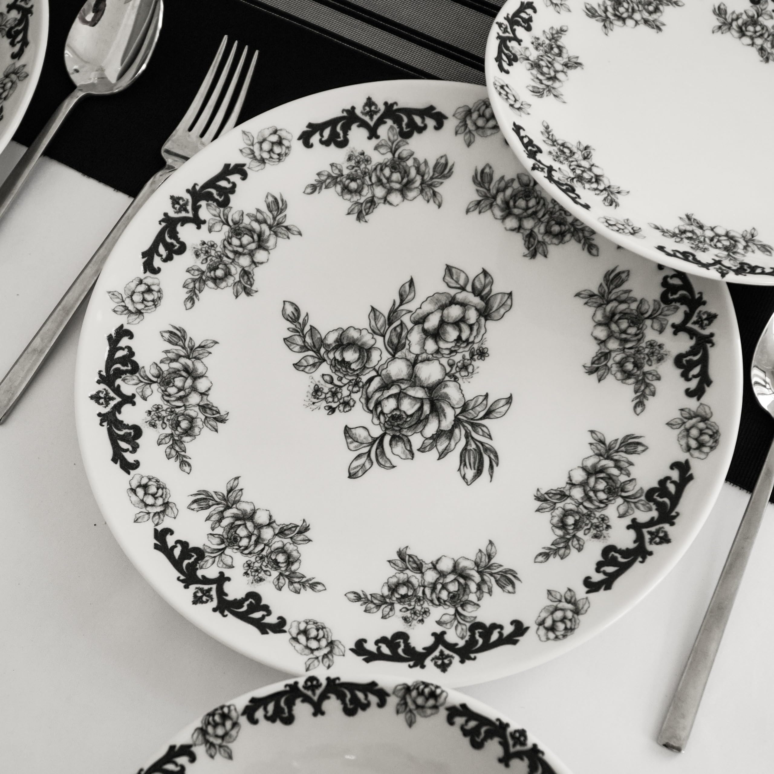 Set piatti ROSE BLACK | 18 pezzi floreali porcellana moderna per cene eleganti
