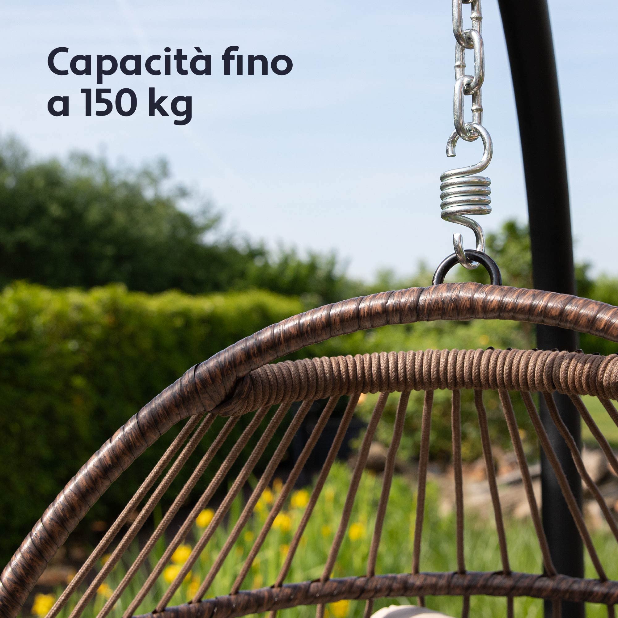 Vita5 Poltrona Sospesa da Giardino con grande Cuscino e Poggiatesta | Sedia a Dondolo con Struttura in Acciaio Capacità 150kg | Sedia Sospesa da Esterno o Interno con Supporto | Beige