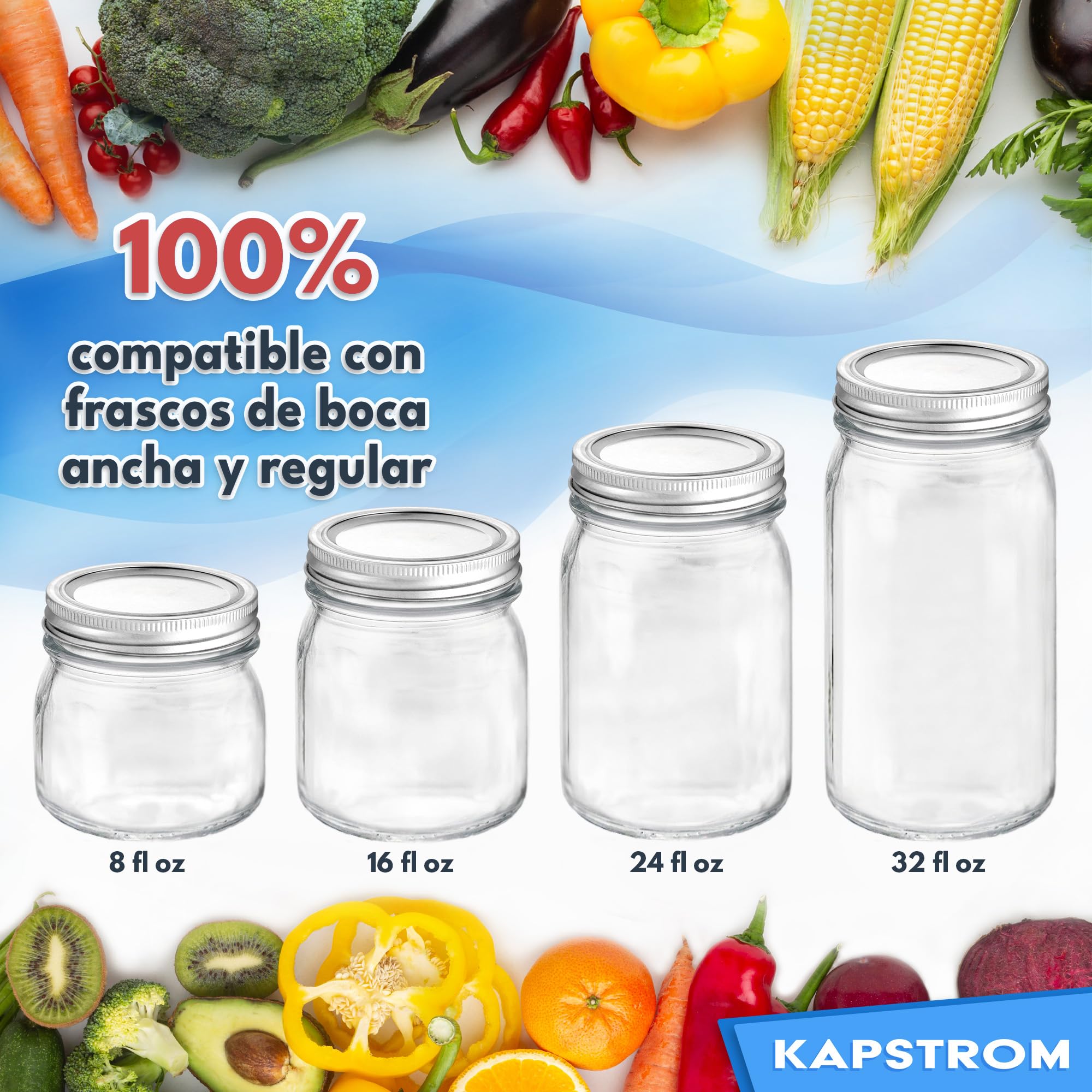 100 tapas para conservas para tarros Mason (plateadas, 86 mm), tamaño de boca ancha con sellador apto para alimentos, sello hermético para mantener las conservas frescas de KapStrom
