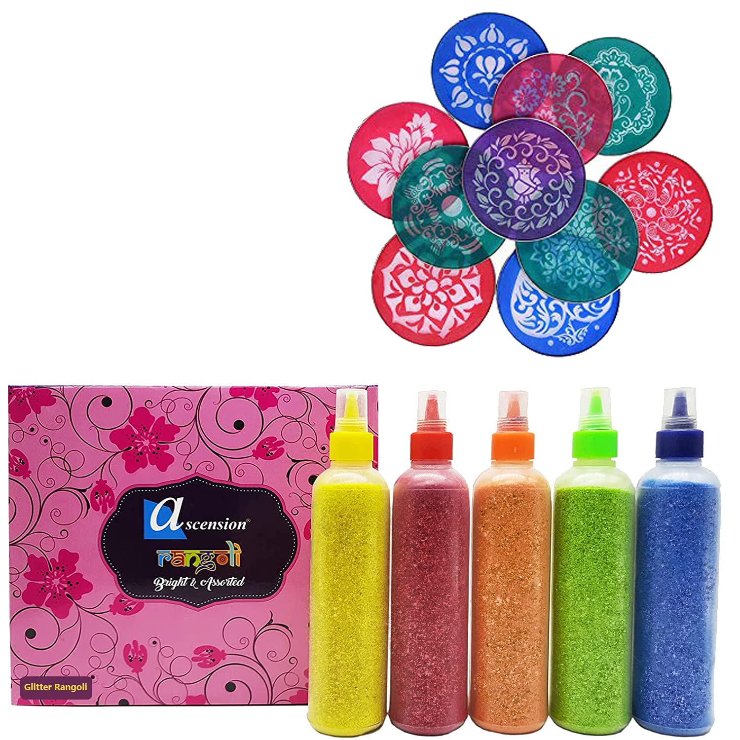 Ascension Rangoli kit 5 Multicolour Glitter Rangoli Bottles Powder 80g Each with 5 Multi Design Circle Stencils 4inches Rangoli Powder Colors Rangoli Making Kit for Diwali Navratri Pongal Onam-image-21