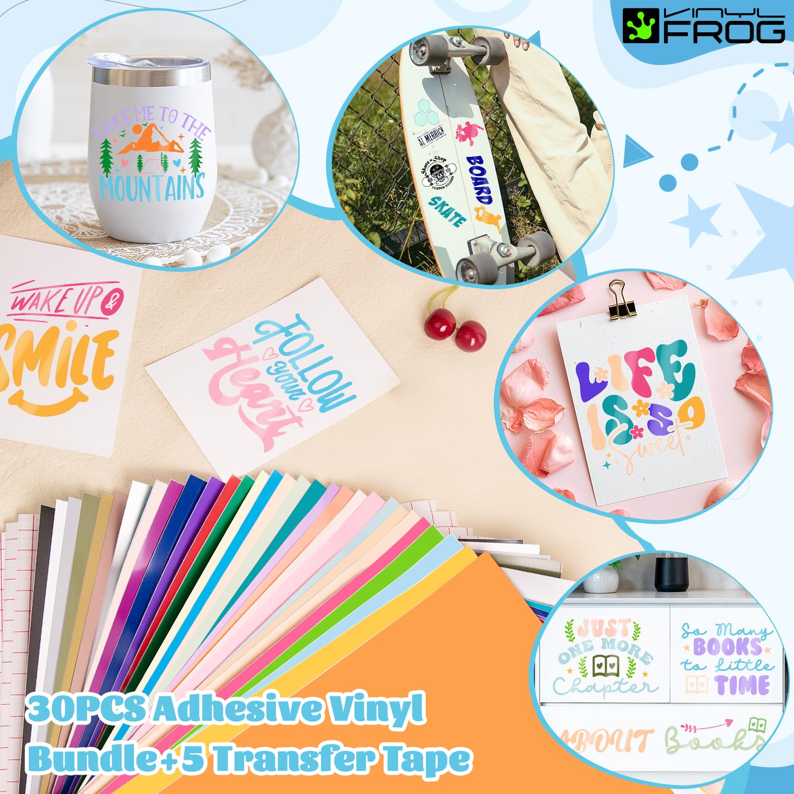 VINYL FROG Lot de 60 accessoires pour Cricut Maker et All Explore Air, outils ultimes avec vinyle adhésif permanent, papier autocollant en vinyle imprimable, tapis de coupe, outils de désherbage,