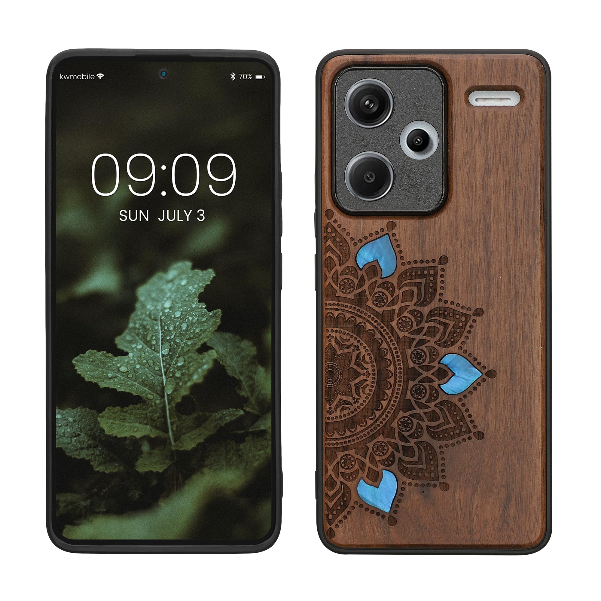 Custodia Kwmobile Per Xiaomi 13 Lite 5G – Cover Rigida In Legno Con Bumper In Silicone TPU, Motivo Sole Mandala, Colore Marrone Scuro - 5