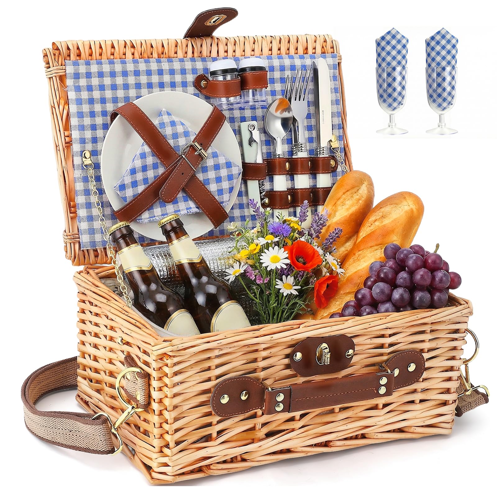 Wicker Picnic Basket Cestino da Picnic in Vimini per 2 Persone – Set Picnic con Vano Isotermico, Piatti, Posate, Bicchieri da Vino, Cavatappi – Perfetto per Spiaggia, Campagna, Parco & Regalo BBQ
