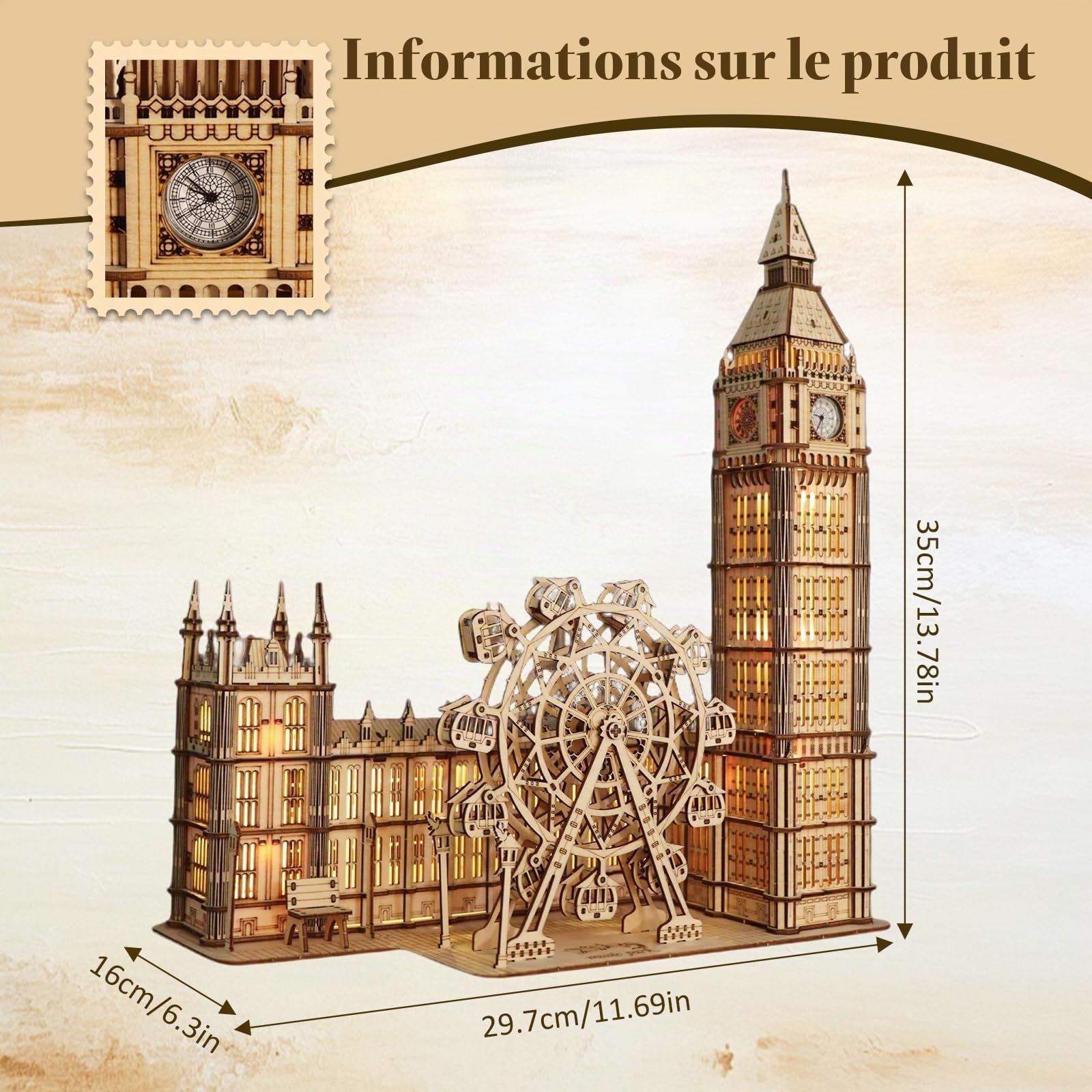 Puzzle 3D Big Ben en Bois avec Horloge Fonctionnelle - Maquette à Construire 306 Pièces pour Adultes - DIY sans Colle avec Grande Roue Mobile - Décoration Bureau & Salon - Cadeau Original Homme Femme