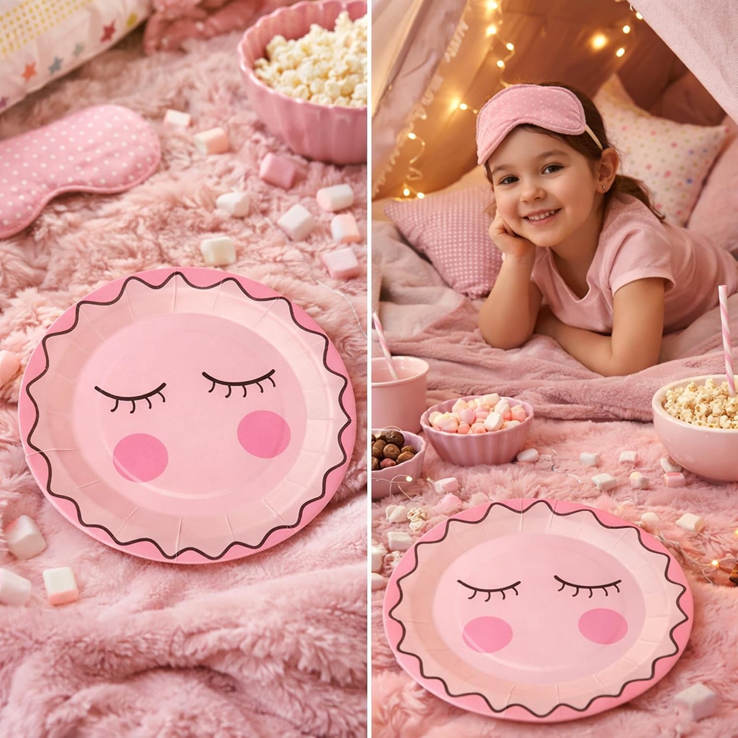 50 Pcs Spa Party Paper Plates,Pink Sleepover Tableware Dinnerware Set