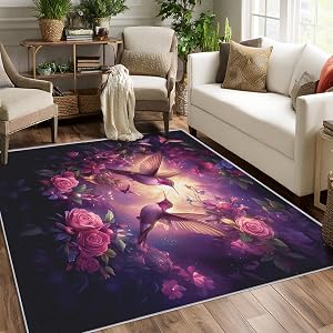 Hummingbird Rug 6x9 Bedroom Purple Floral Bird Fantasy Pattern Washable Area Rugs for Living Room Hummingbird Home Decor