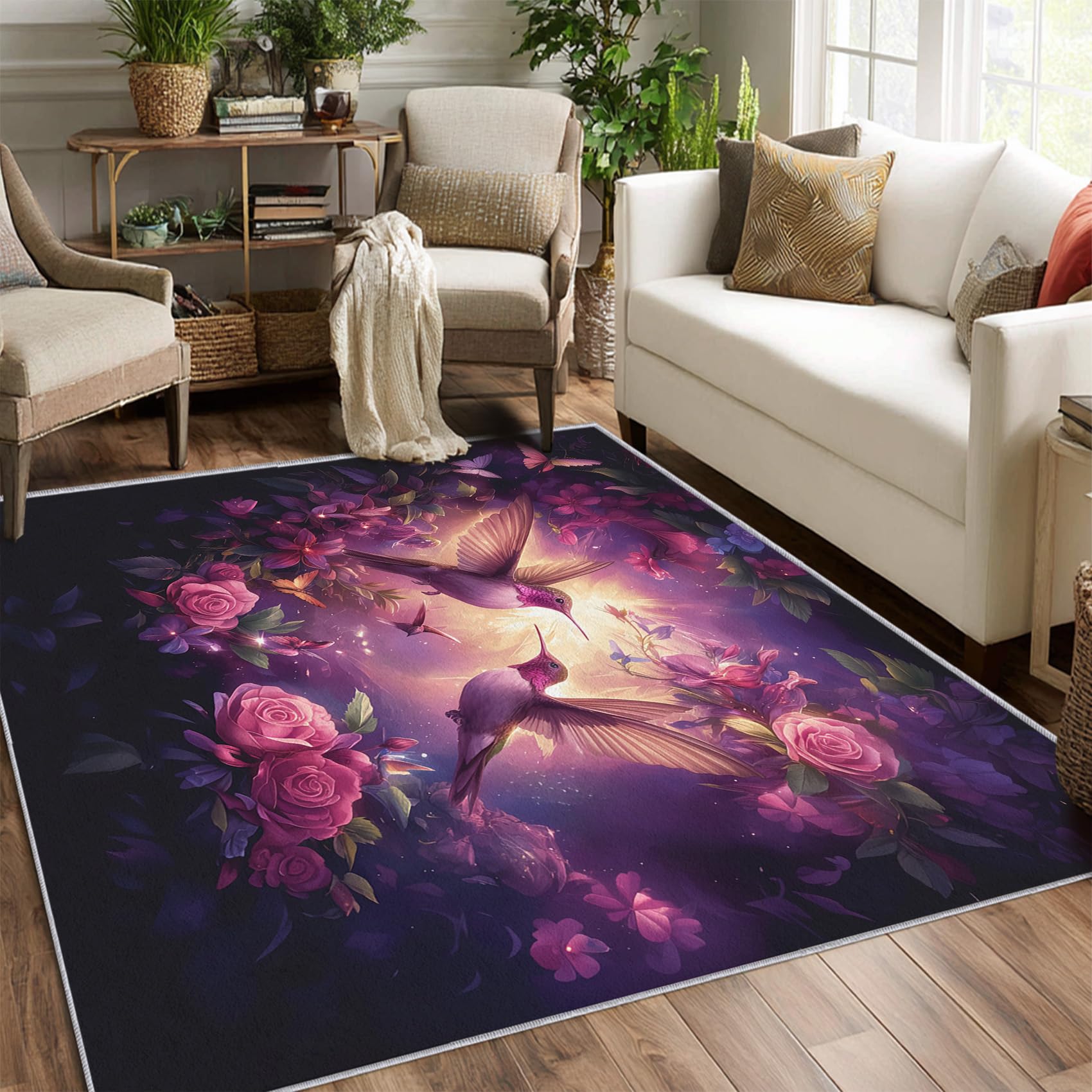 Hummingbird Rug 6x9 Bedroom Purple Floral Bird Fantasy Pattern Washable Area Rugs for Living Room Hummingbird Home Decor