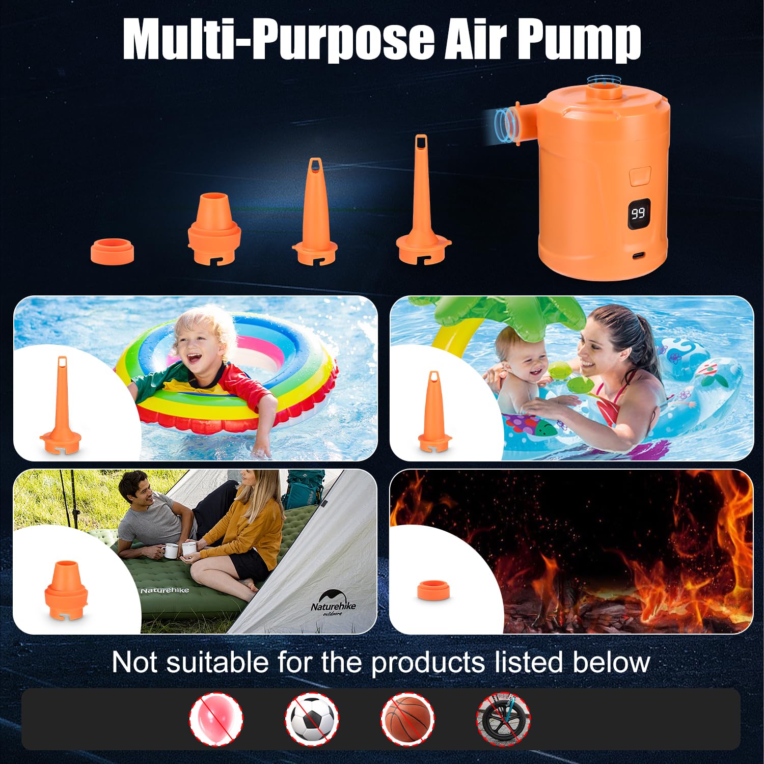 Pompa Elettrica,5200mAh Pompa Elettrica per Materasso Gonfiabile può essere rapida per Gonfiare e Sgonfiare,con 4 Ugelli D'aria,Adatto per Materasso Gonfiabile, Materassino Campeggio,Piscina