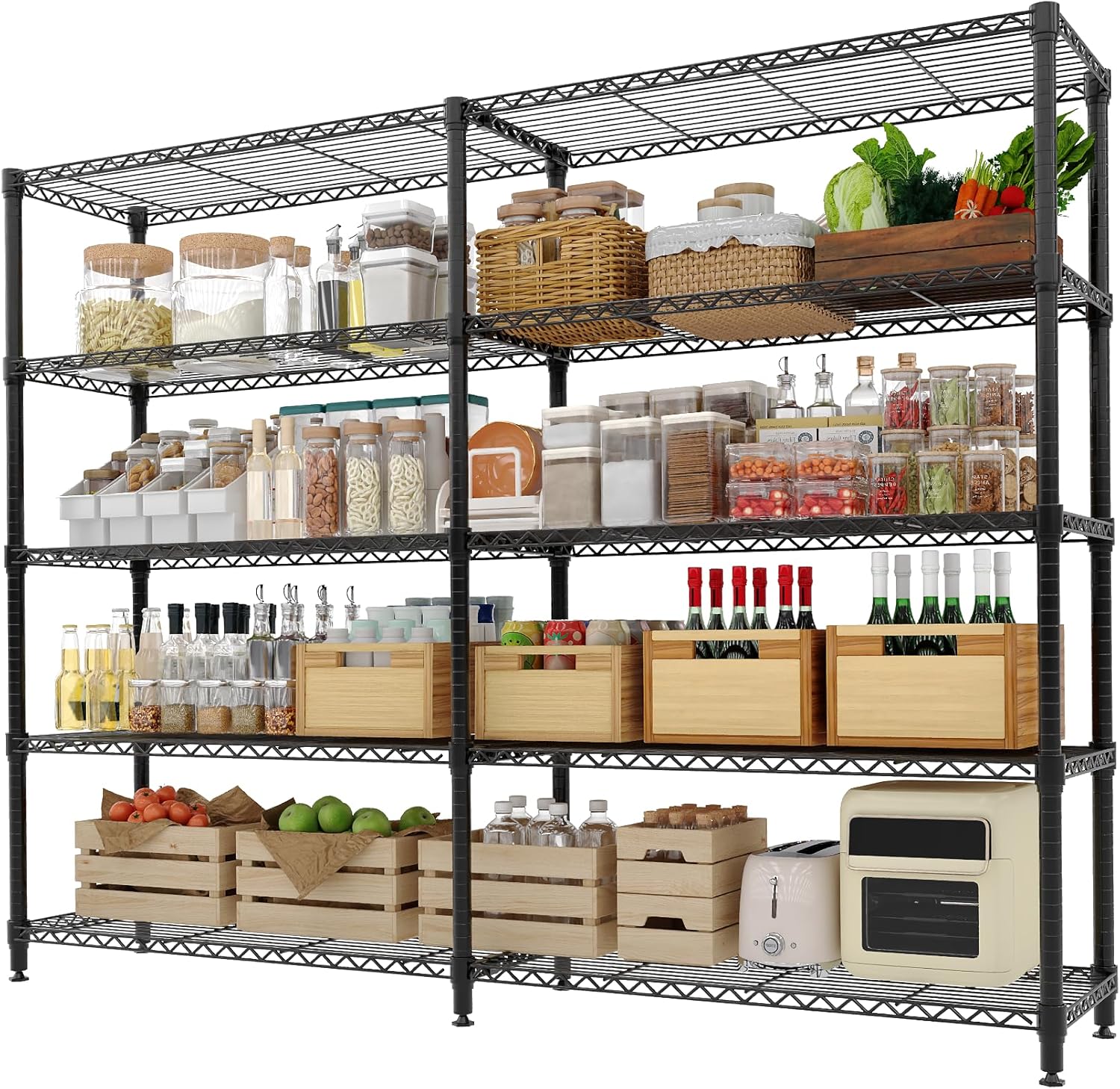Garvee Metal Storage Shelves 5-Tier Wire Shelving Rack Units, 1325LBS Heavy Duty Adjustable Shelves for Storage, 71"W Black Standing Shelf Rack for Kitchen Garage Pantry Room Basement, 15.8"D x 70.5"H