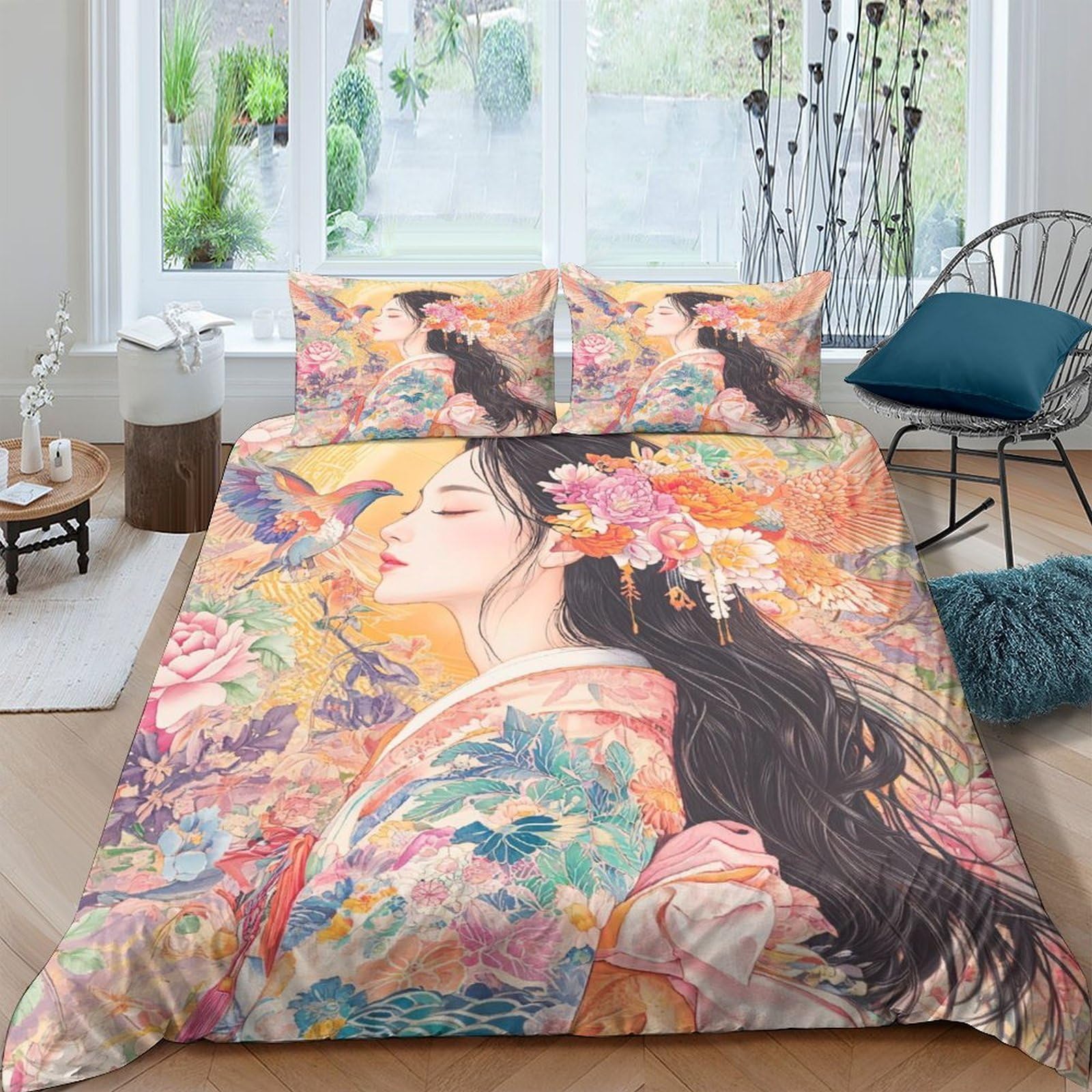 Ctjqhvkz Girls Style-7 3D Printed Oriental Beauty Fitted Sheet Microfiber Soft Artistic Kimono Mattress Cover For Bedroom Home Decor Single（135X200cm）