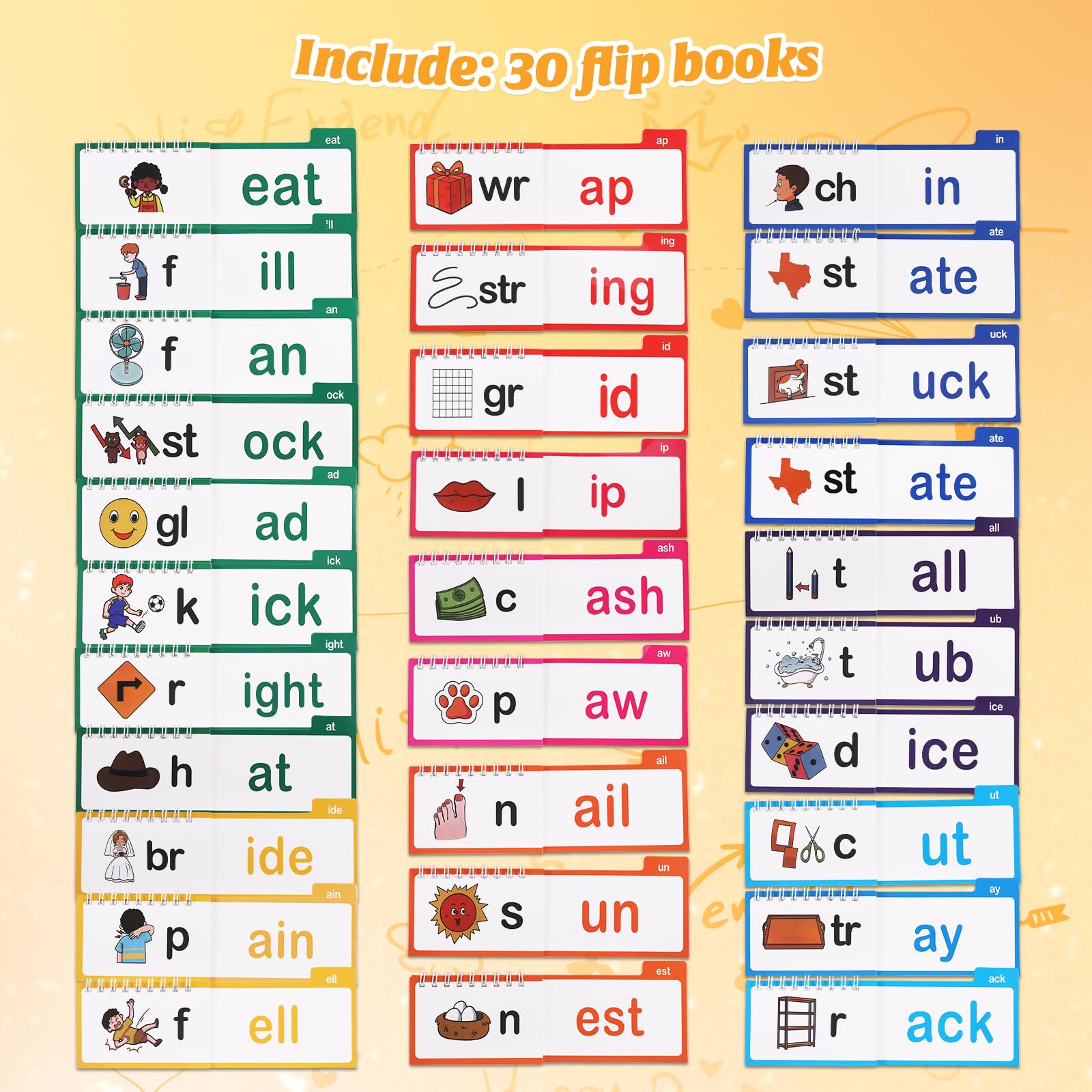 30 Read and Rhyme Flip Books, Word Families Flash Cards, Reading And Rhyming Words Abc Vocabulary Flash Cards, Educational Reading Word Books for Toddlers & Classroom Teaching