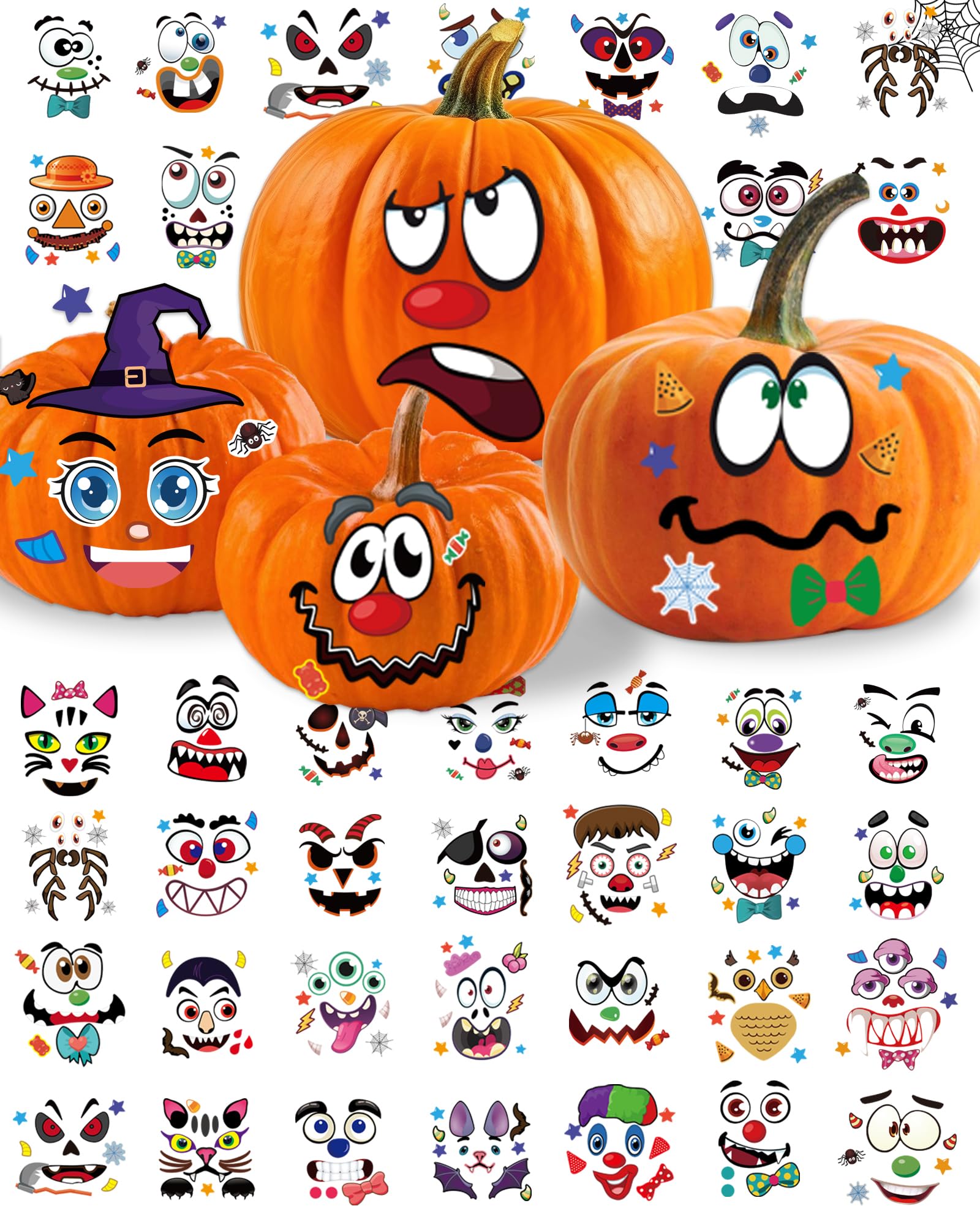 Aowplc Pumpkin Decorating Stickers Kit - 48 Different Fun Faces, Large Halloween Stickers for Crafts, Party Favors, and Treats
