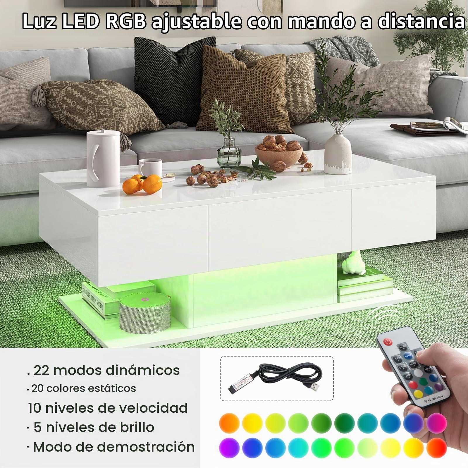 LIFEZEAL Mesa de Centro con LED, Mesa de salón Alto Brillo con Tira de luz y Mando a Distancia, Mesa de café Moderna con 2 cajones, Mesa Centro Iluminado para salón, Oficina (Blanco)